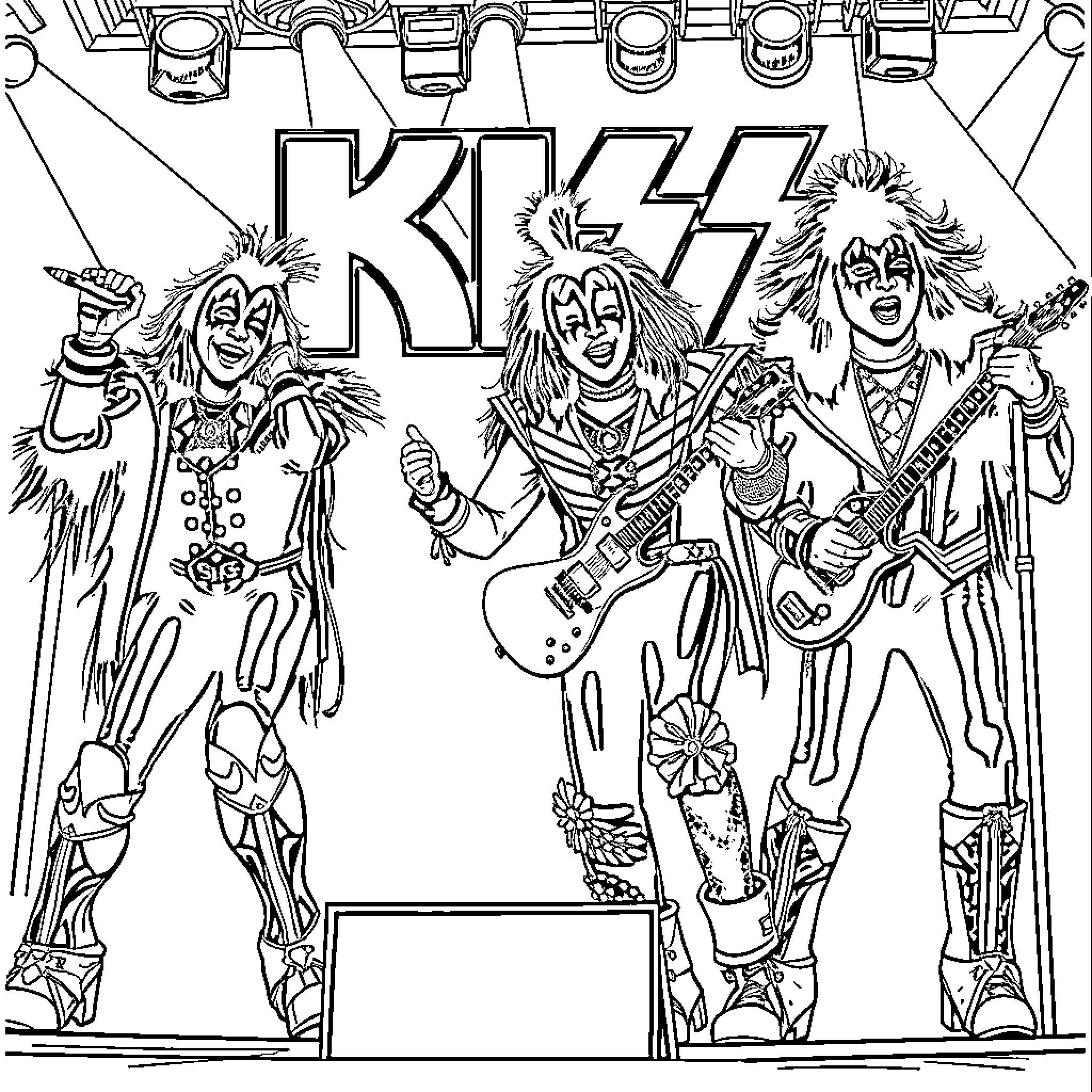 Kiss Band Members Performing on Stage Coloring Page (free black-and-white line drawing printable PDF for all, from beginners to advanced learners, including children, teens, adults, and seniors)