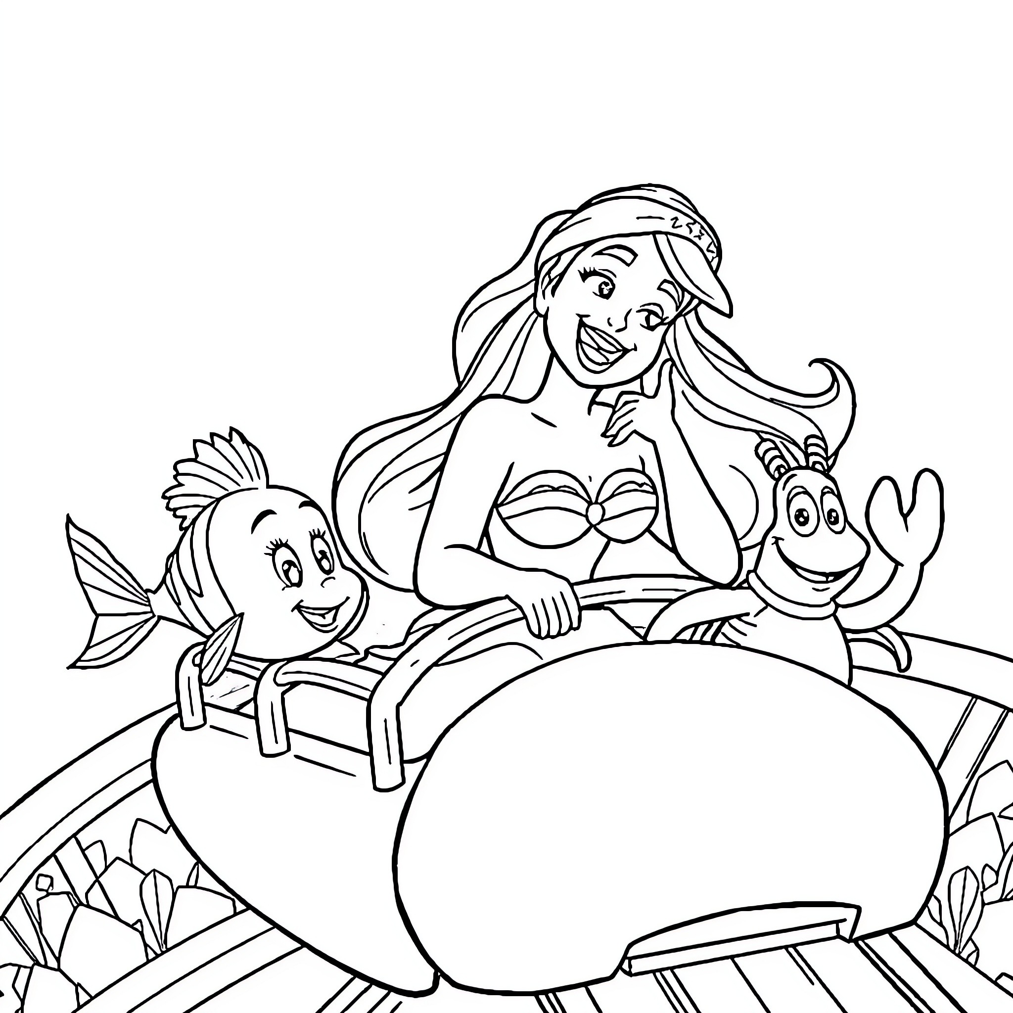 Princess enjoying ride with aquatic companions Coloring Page (free black-and-white line drawing printable PDF for all, from beginners to advanced learners, including children, teens, adults, and seniors)