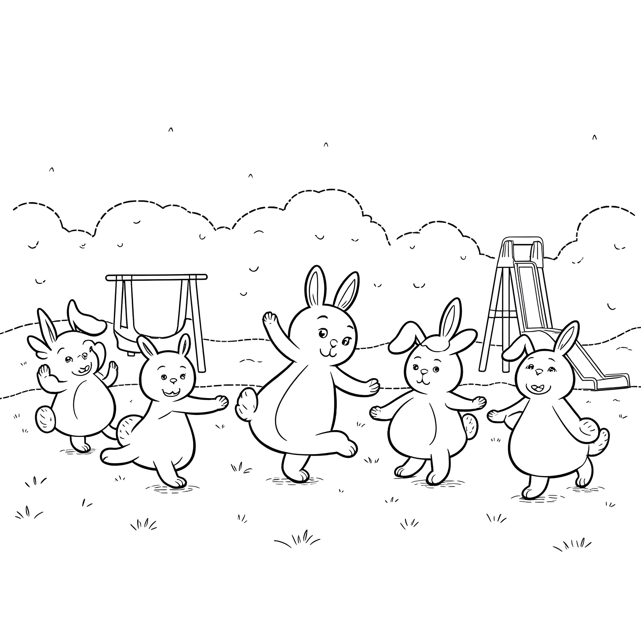 Bunny rabbits playing in the playground Coloring Page (free black-and-white line drawing printable PDF for all, from beginners to advanced learners, including children, teens, adults, and seniors)