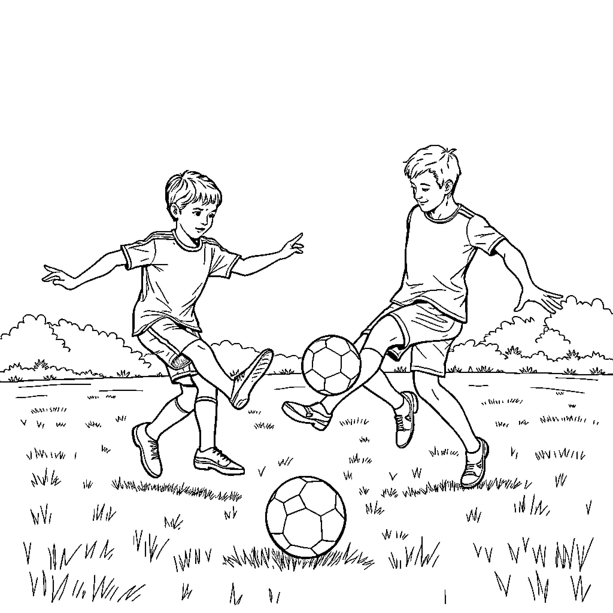 Football Boys Kicking Balls Playfully in the Field Coloring Page (free black-and-white line drawing printable PDF for all, from beginners to advanced learners, including children, teens, adults, and seniors)