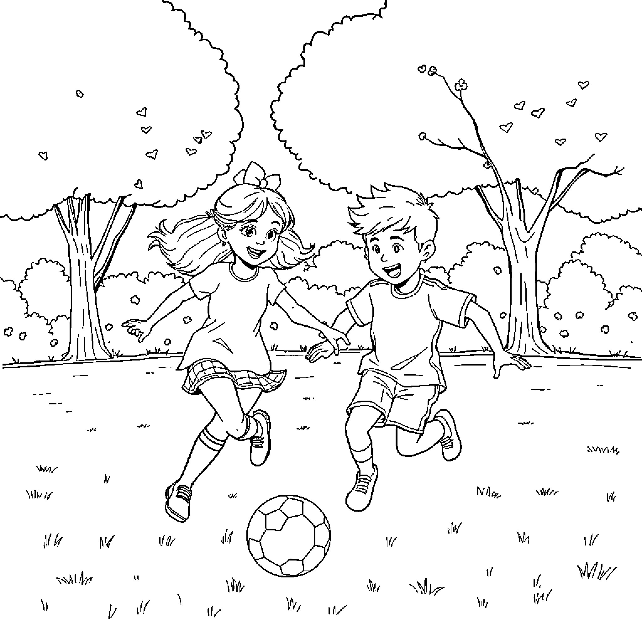 Heidi and friend playing soccer in the park Coloring Page (free black-and-white line drawing printable PDF for all, from beginners to advanced learners, including children, teens, adults, and seniors)