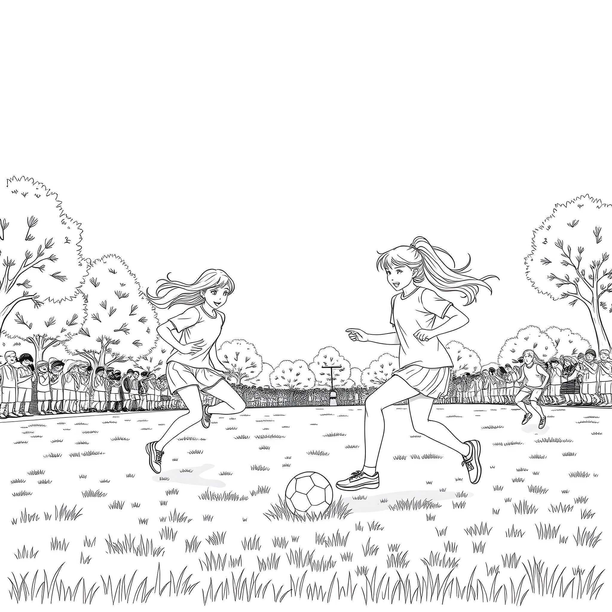 Girls playing soccer in a grassy field Coloring Page (free black-and-white line drawing printable PDF for all, from beginners to advanced learners, including children, teens, adults, and seniors)