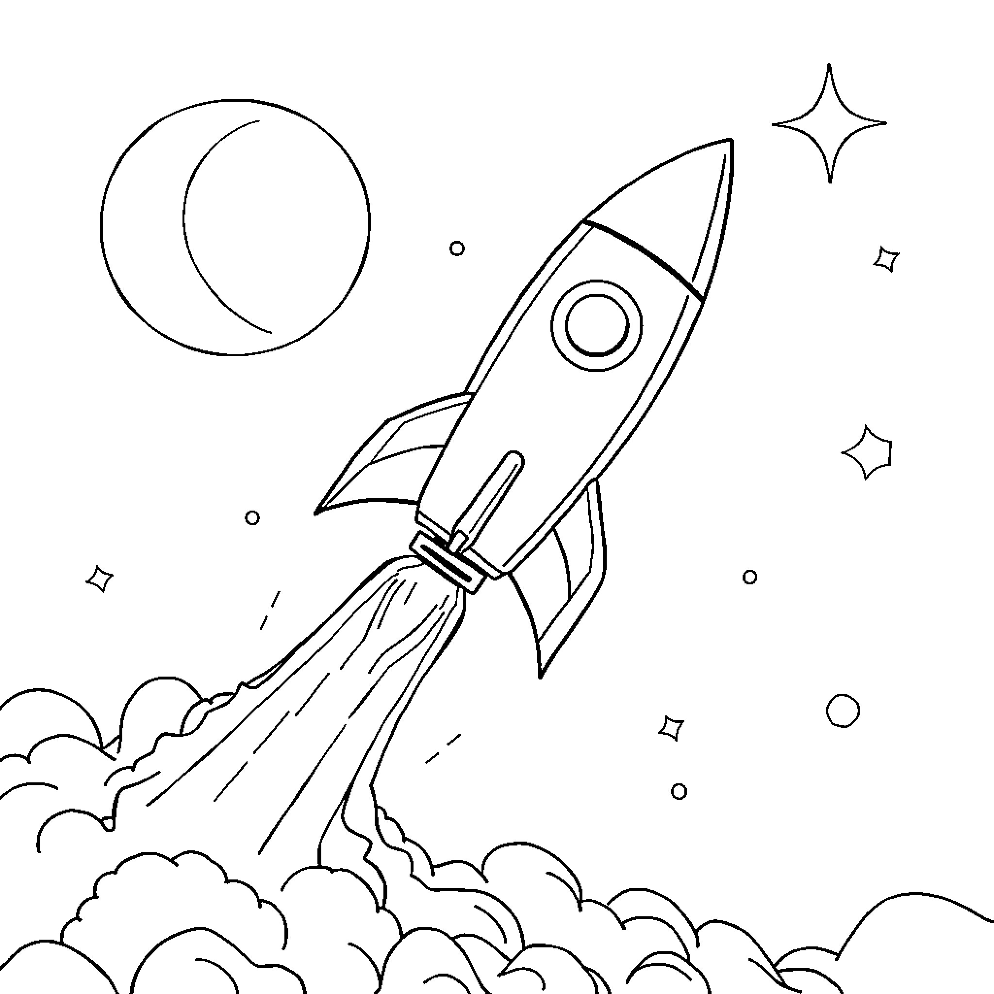 Rocket Launching into the Starry Night Sky Coloring Page (free black-and-white line drawing printable PDF for all, from beginners to advanced learners, including children, teens, adults, and seniors)