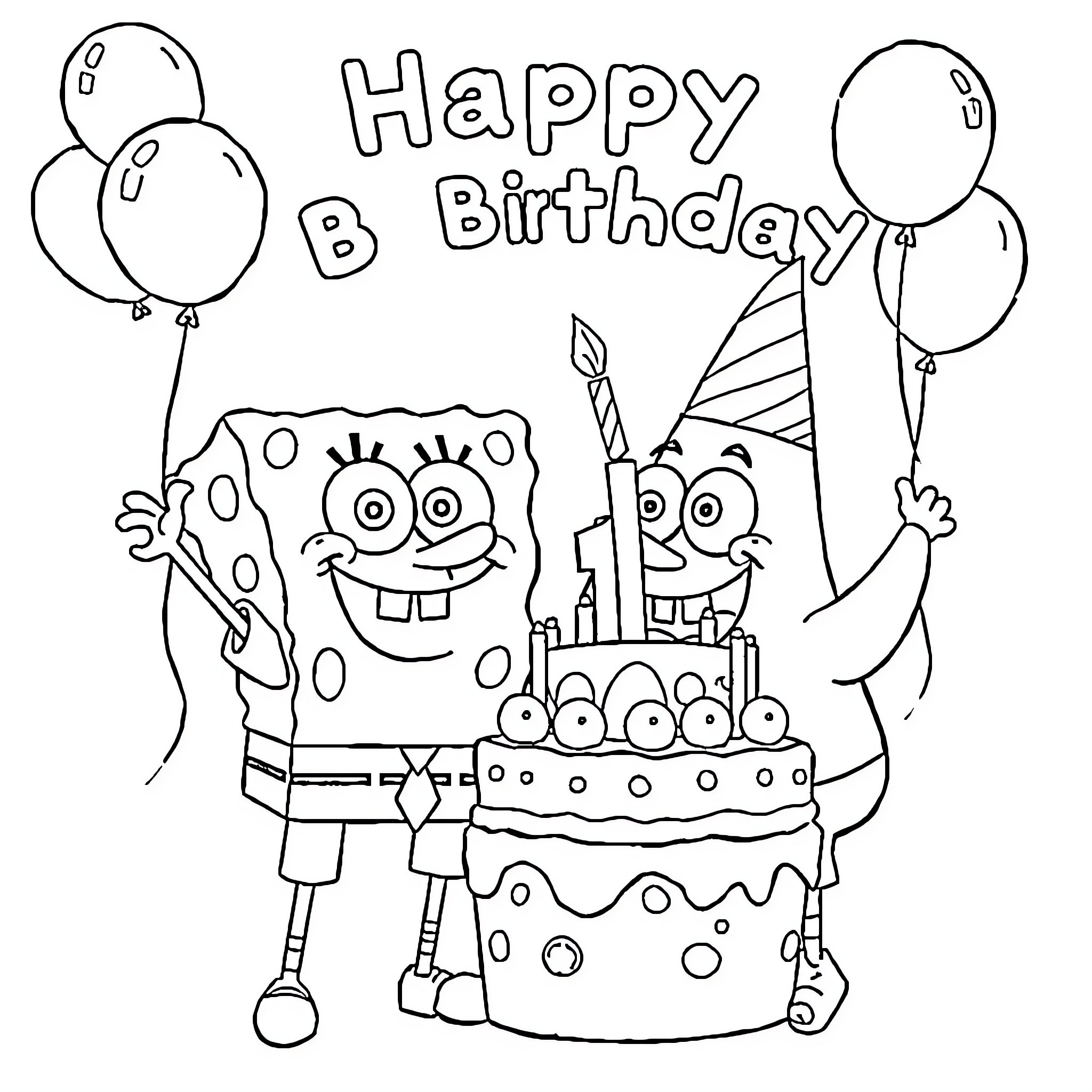 Spongebob celebrates a happy birthday with friends Coloring Page (free black-and-white line drawing printable PDF for all, from beginners to advanced learners, including children, teens, adults, and seniors)