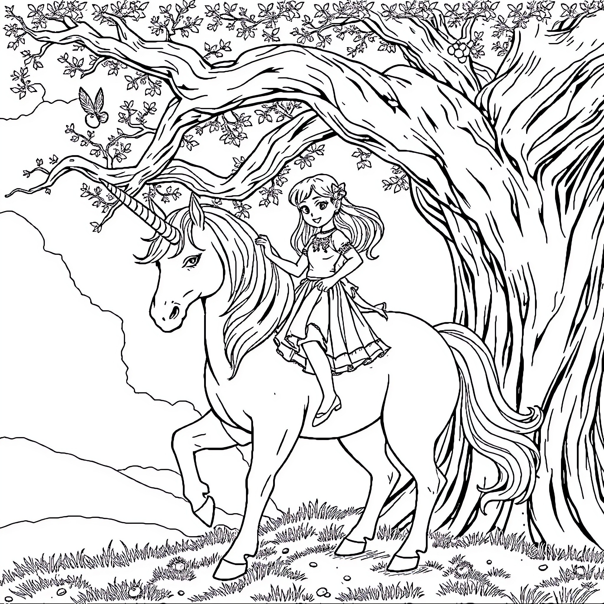 Girl riding unicorn in fantasy forest Coloring Page (free black-and-white line drawing printable PDF for all, from beginners to advanced learners, including children, teens, adults, and seniors)