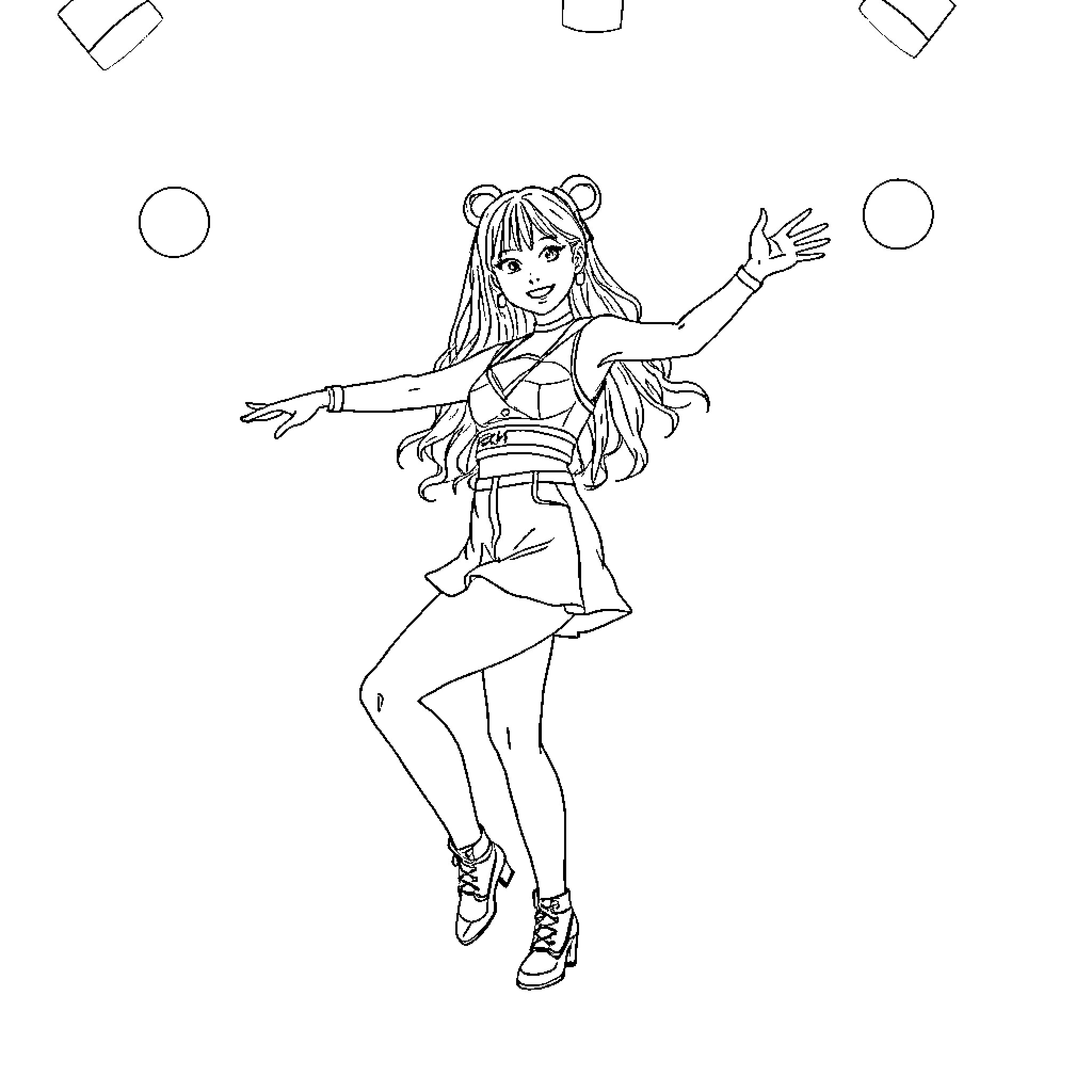 Zoey dancing joyfully in vibrant outfit Coloring Page (free black-and-white line drawing printable PDF for all, from beginners to advanced learners, including children, teens, adults, and seniors)