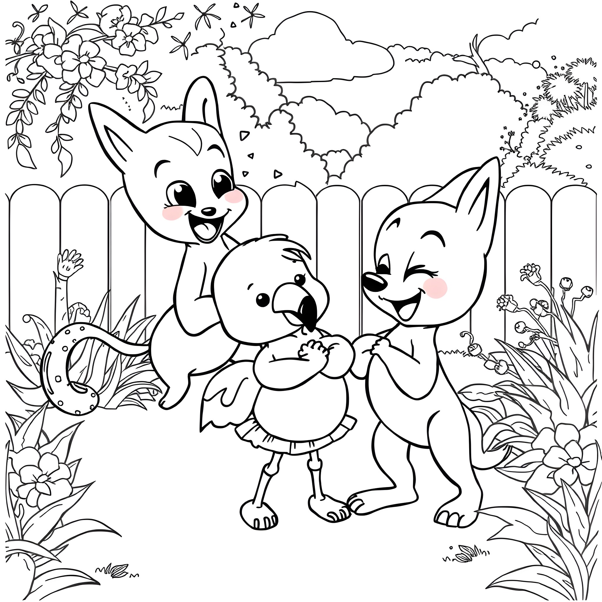 Bluey and friends explore the garden Coloring Page (free black-and-white line drawing printable PDF for all, from beginners to advanced learners, including children, teens, adults, and seniors)