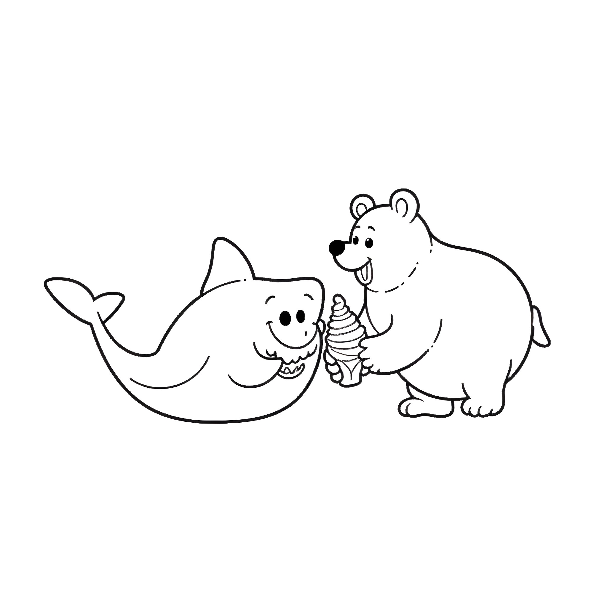 Shark and polar bear playing together Coloring Page (free black-and-white line drawing printable PDF for all, from beginners to advanced learners, including children, teens, adults, and seniors)