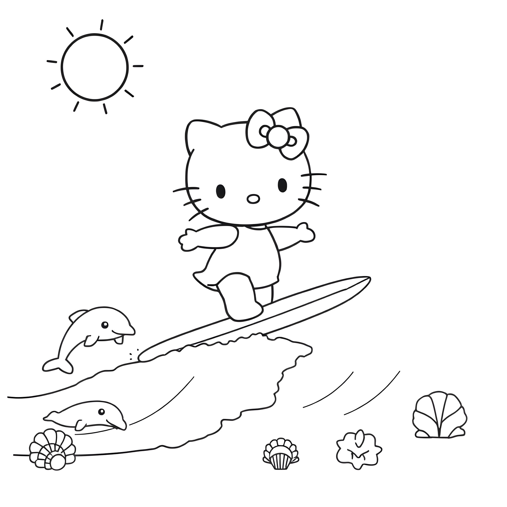 Hello Kitty surfing on a sunny day Coloring Page (free black-and-white line drawing printable PDF for all, from beginners to advanced learners, including children, teens, adults, and seniors)