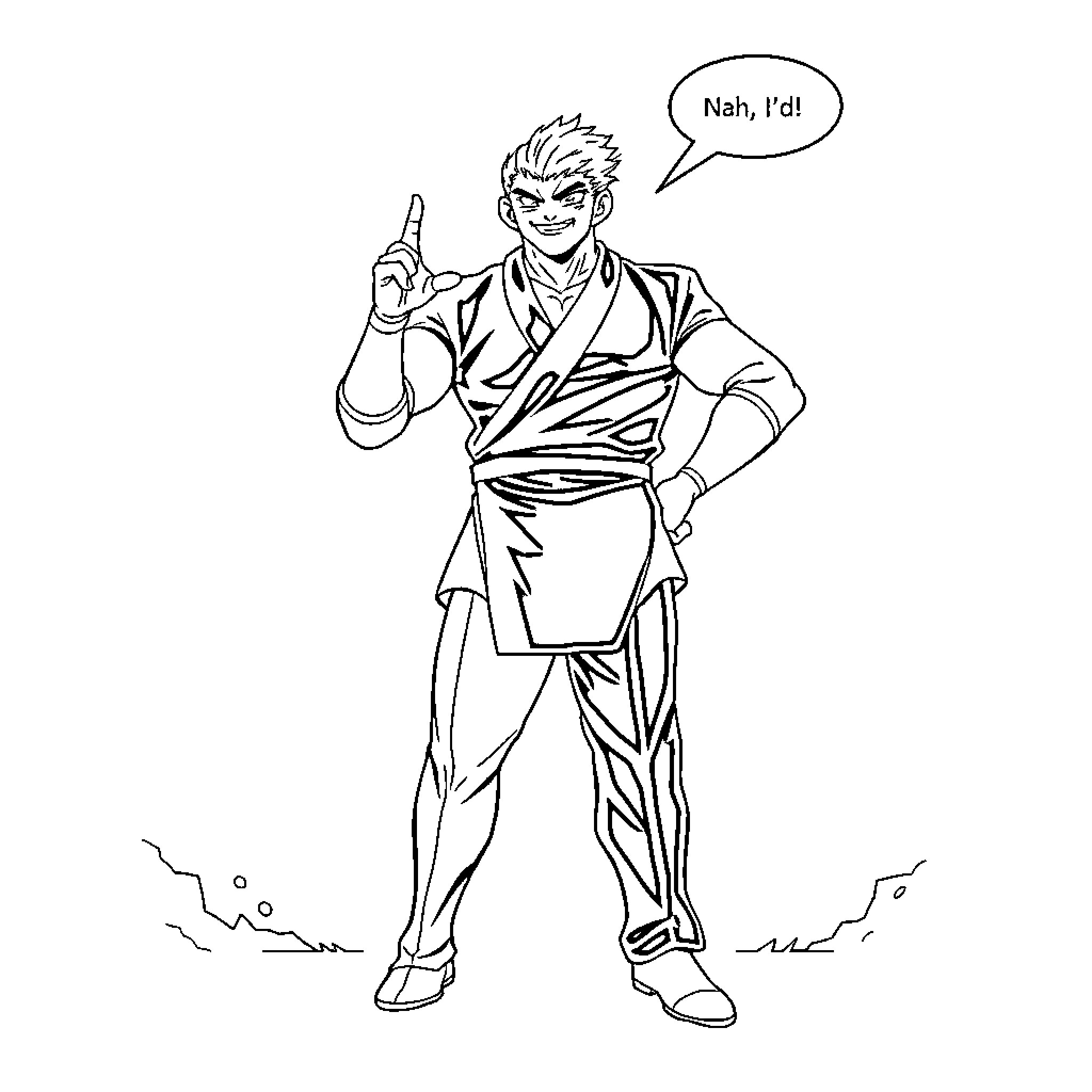 Satoru Gojo gesturing with a confident expression Coloring Page (free black-and-white line drawing printable PDF for all, from beginners to advanced learners, including children, teens, adults, and seniors)