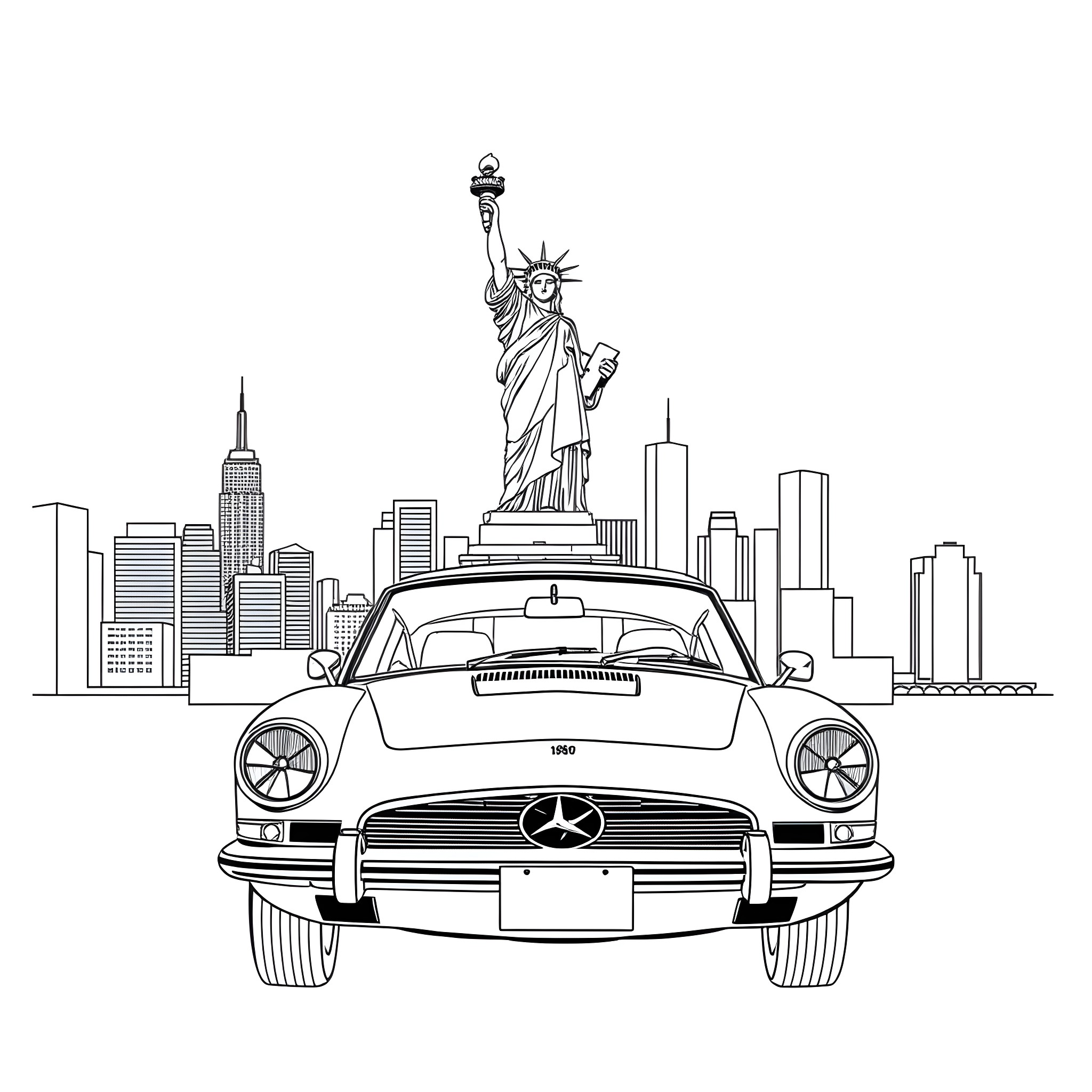 190E in New York City Coloring Page (free black-and-white line drawing printable PDF for all, from beginners to advanced learners, including children, teens, adults, and seniors)