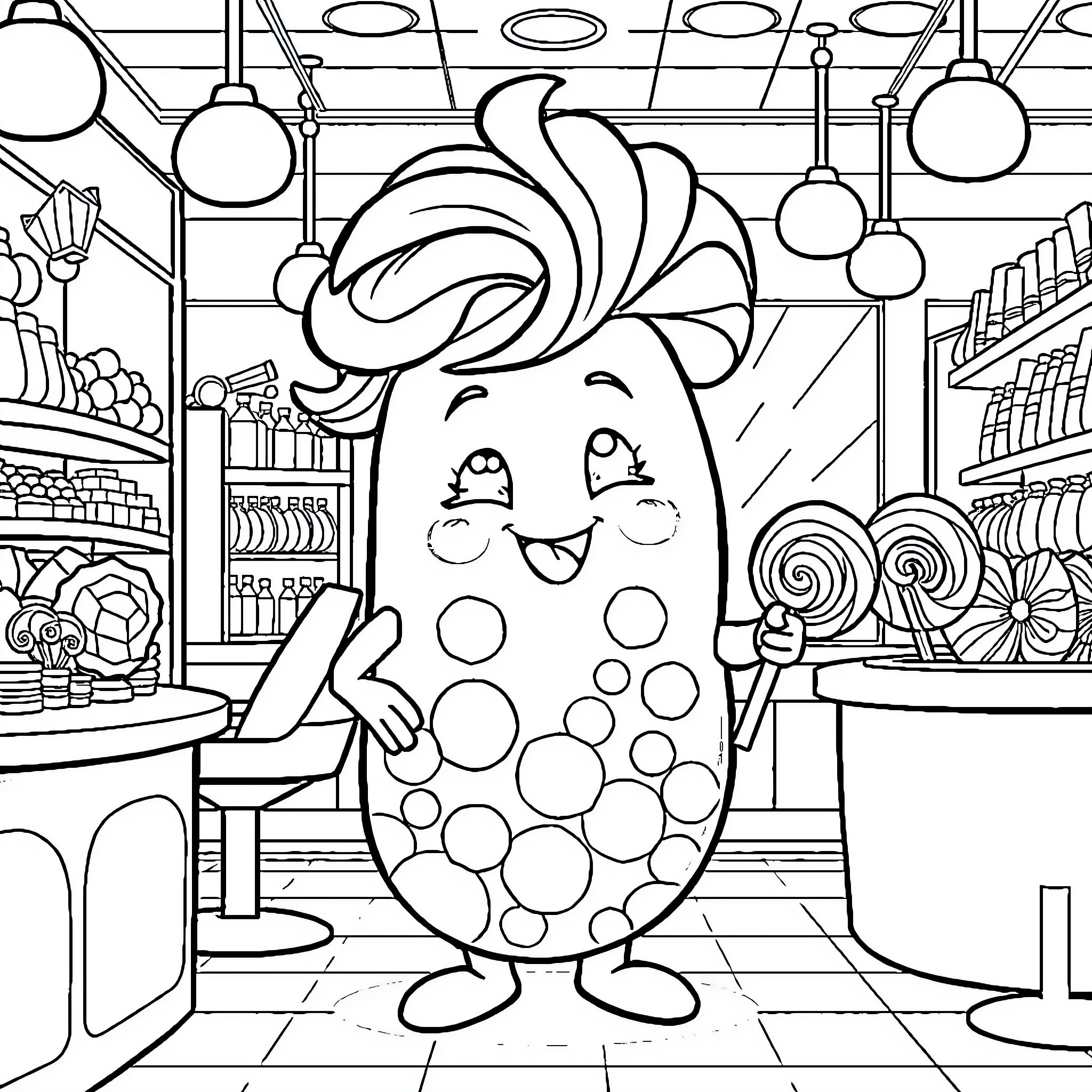 Jellybean shopping happily in the market Coloring Page (free black-and-white line drawing printable PDF for all, from beginners to advanced learners, including children, teens, adults, and seniors)