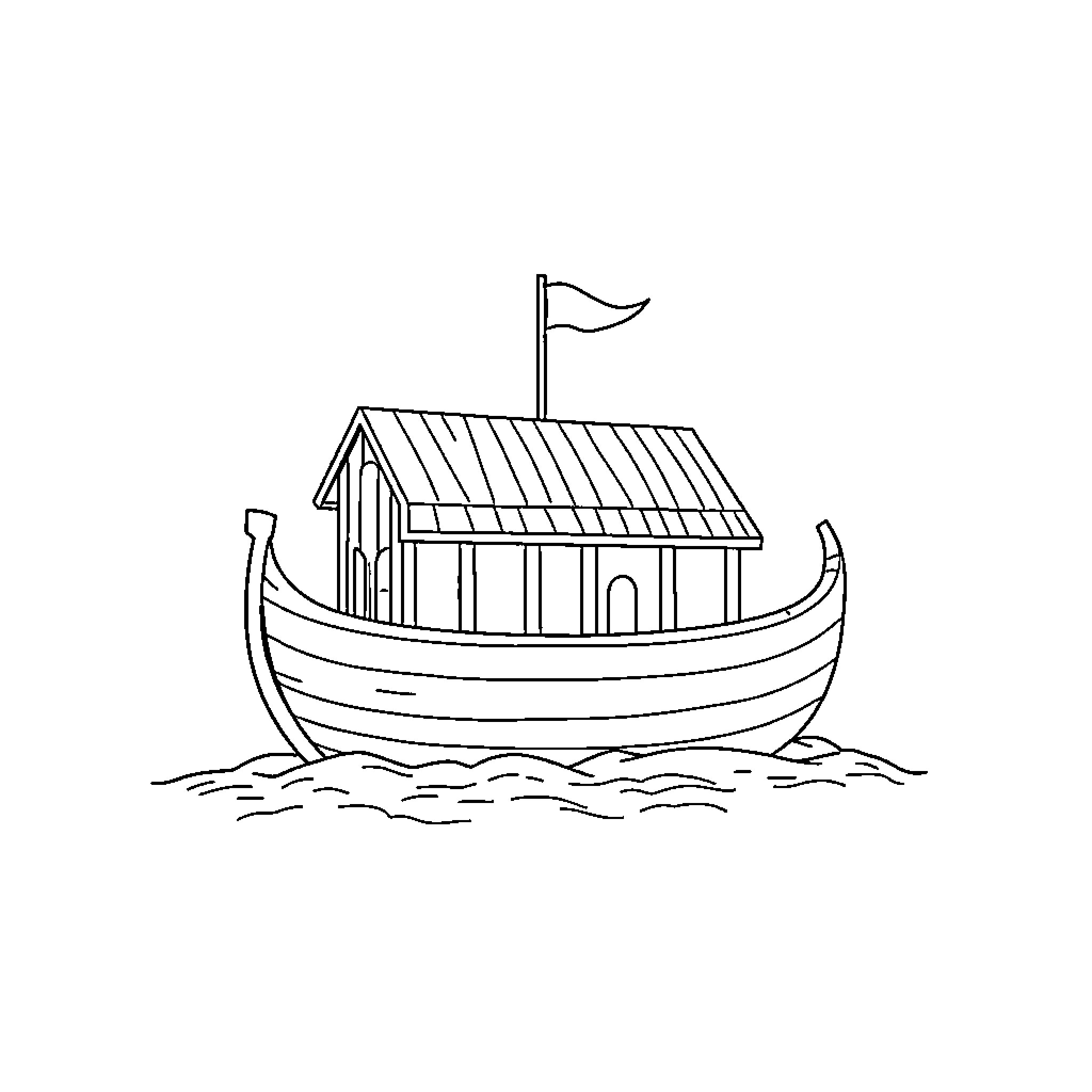 Noah's Ark Sailing on the Waves Coloring Page (free black-and-white line drawing printable PDF for all, from beginners to advanced learners, including children, teens, adults, and seniors)