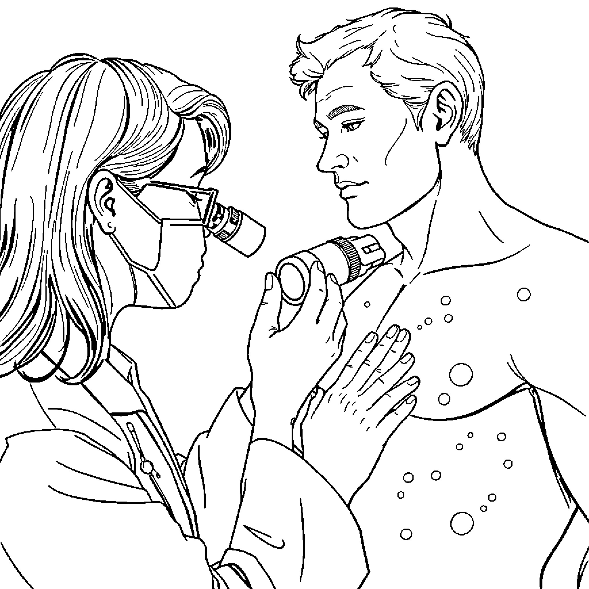Doctor examining patient with medical equipment Coloring Page (free black-and-white line drawing printable PDF for all, from beginners to advanced learners, including children, teens, adults, and seniors)