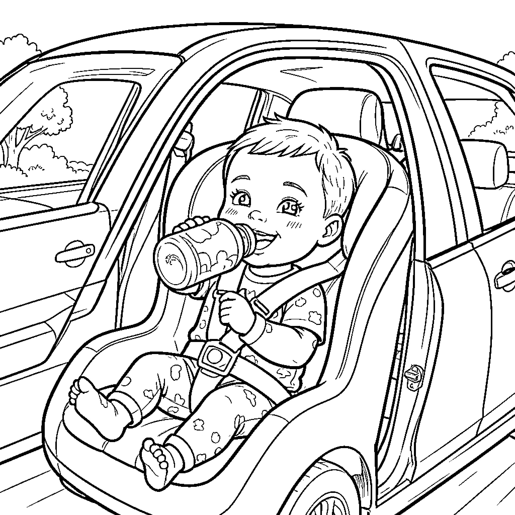 Baby drinking from a bottle in the car Coloring Page (free black-and-white line drawing printable PDF for all, from beginners to advanced learners, including children, teens, adults, and seniors)