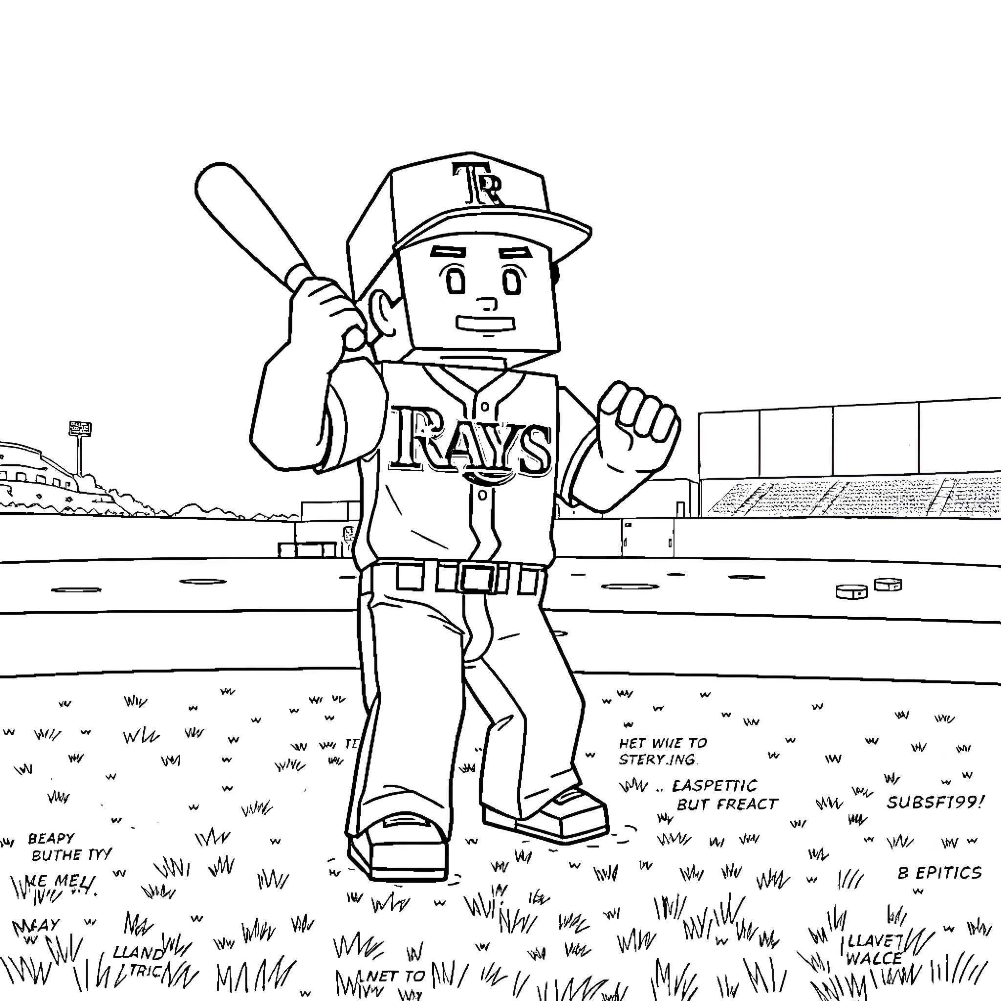 Steve's baseball game with the Rays team Coloring Page (free black-and-white line drawing printable PDF for all, from beginners to advanced learners, including children, teens, adults, and seniors)