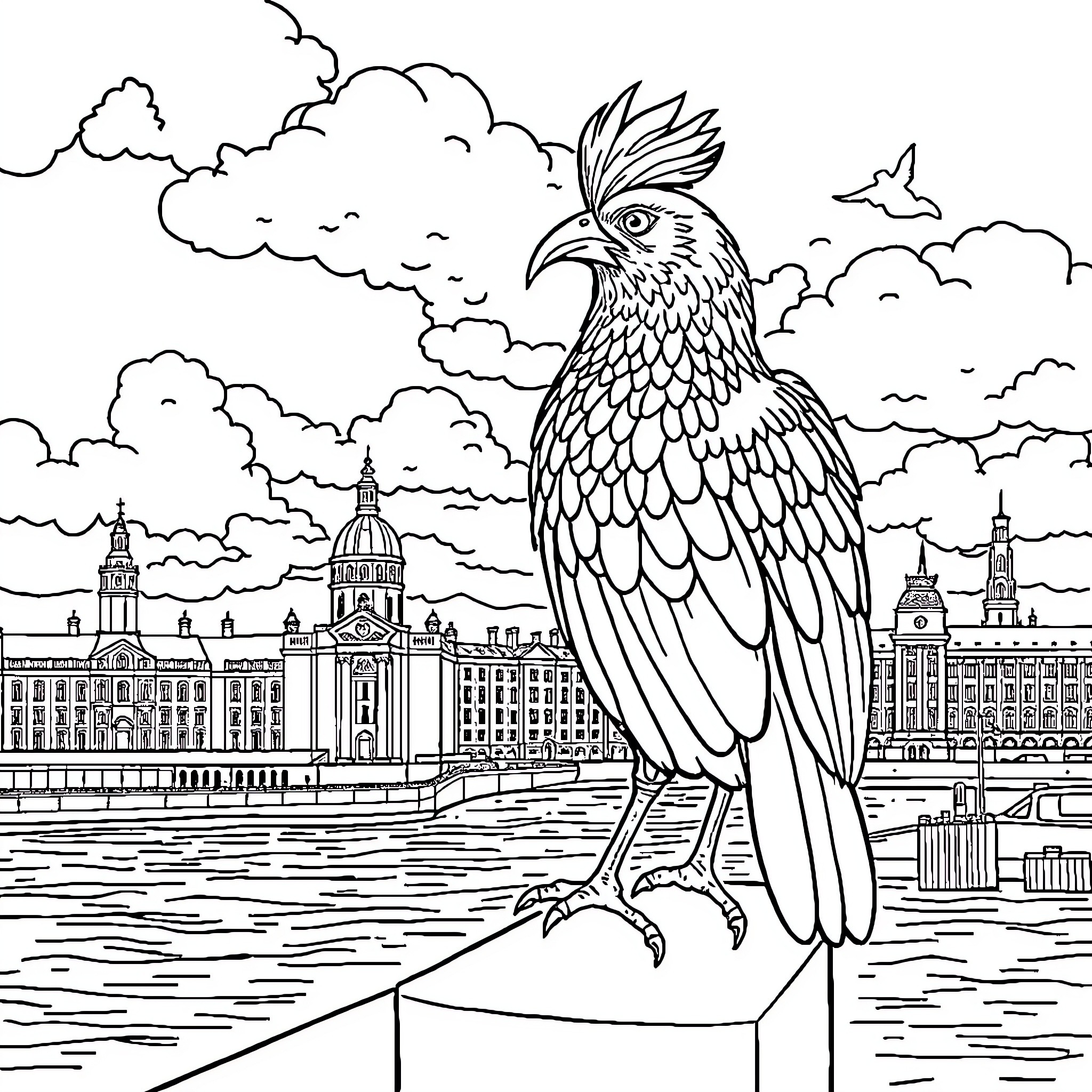 Liverbird overlooking the city skyline Coloring Page (free black-and-white line drawing printable PDF for all, from beginners to advanced learners, including children, teens, adults, and seniors)