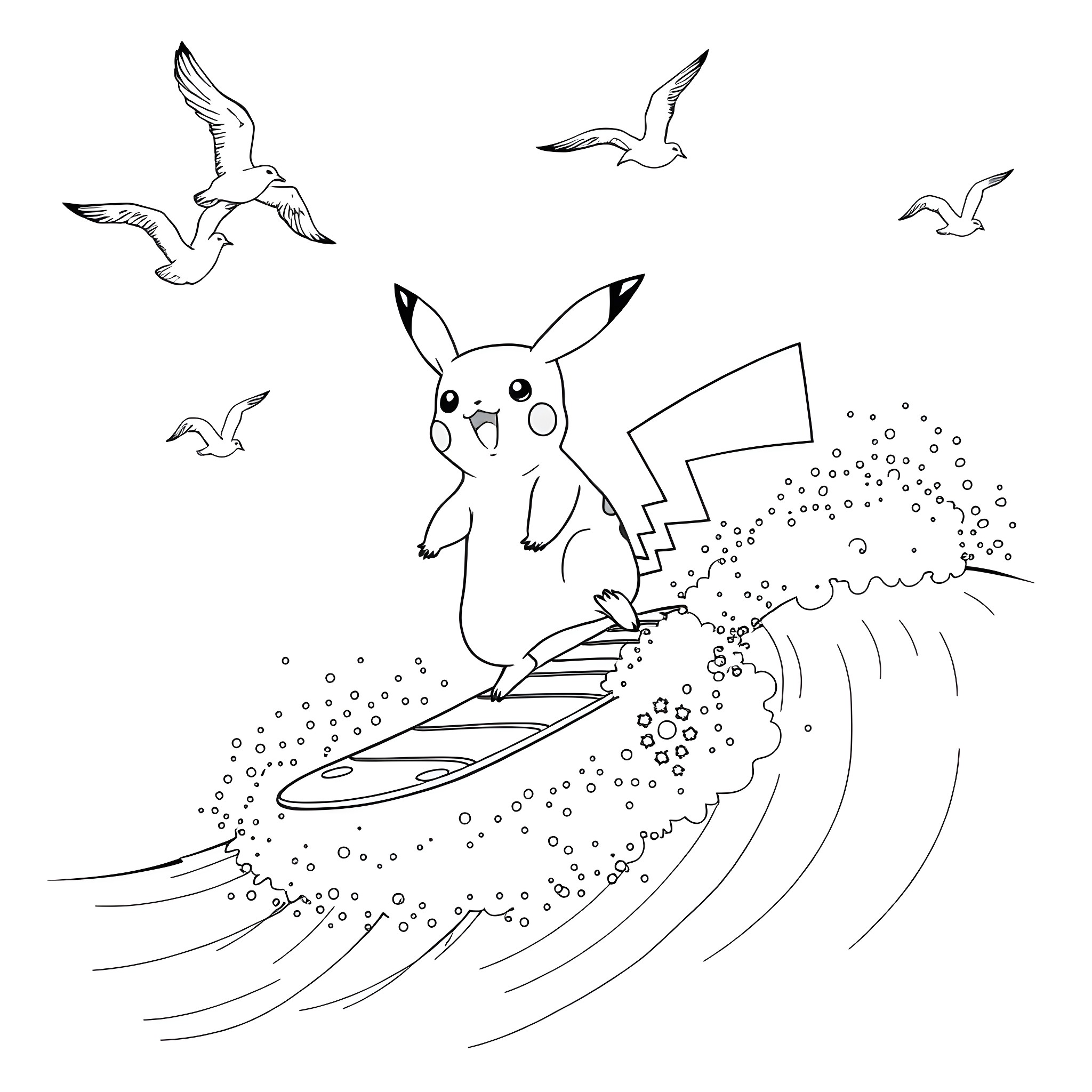 Pikachu surfing on waves with seagulls Coloring Page (free black-and-white line drawing printable PDF for all, from beginners to advanced learners, including children, teens, adults, and seniors)