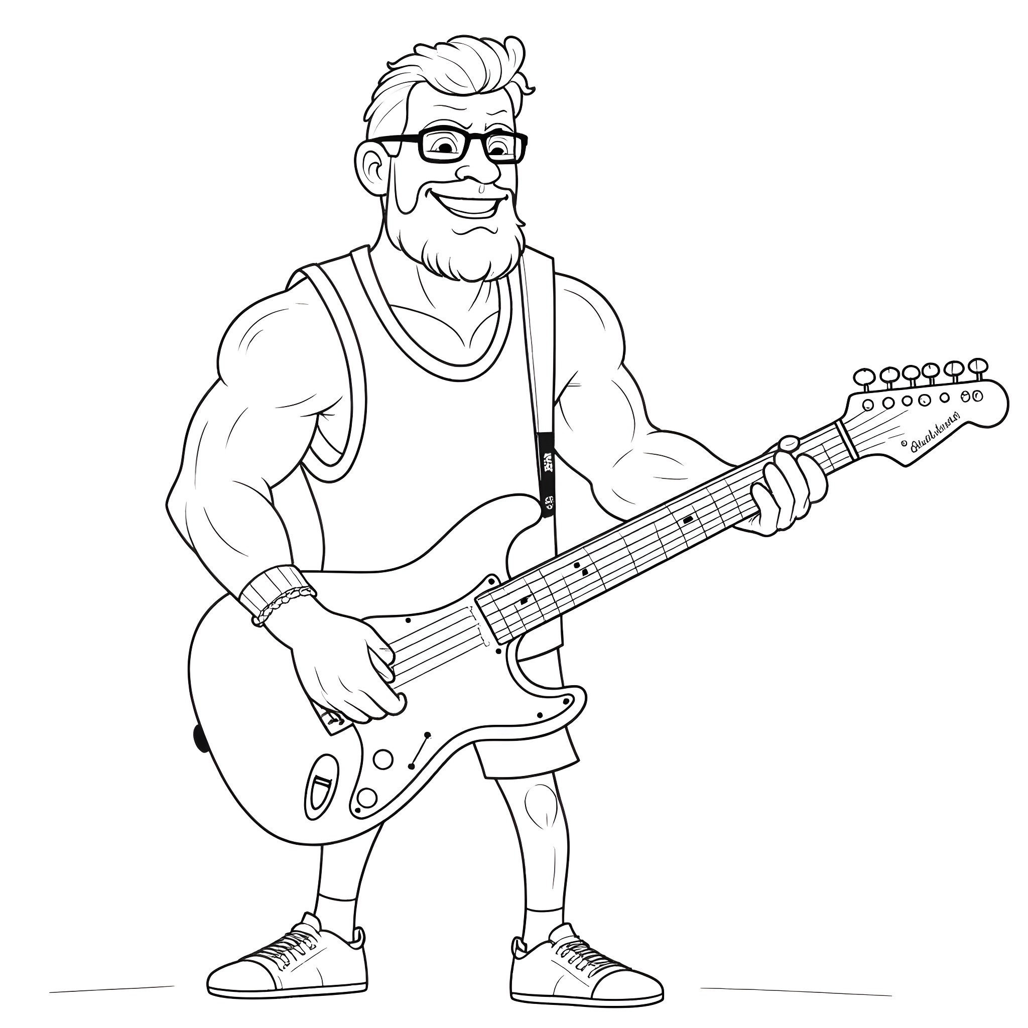 Man playing electric guitar with enthusiasm Coloring Page (free black-and-white line drawing printable PDF for all, from beginners to advanced learners, including children, teens, adults, and seniors)