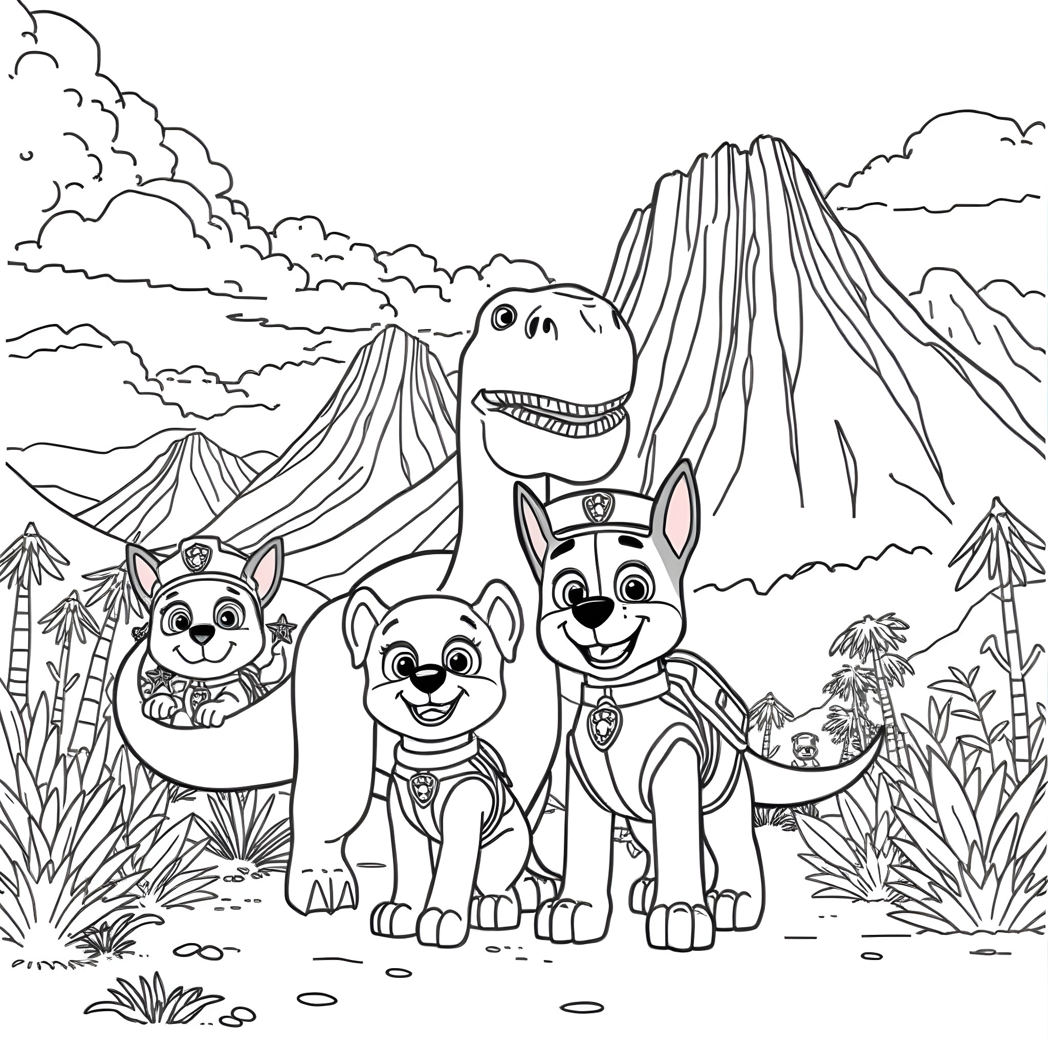 Dinosaur and Puppy Pals Explore the Prehistoric Landscape Coloring Page (free black-and-white line drawing printable PDF for all, from beginners to advanced learners, including children, teens, adults, and seniors)