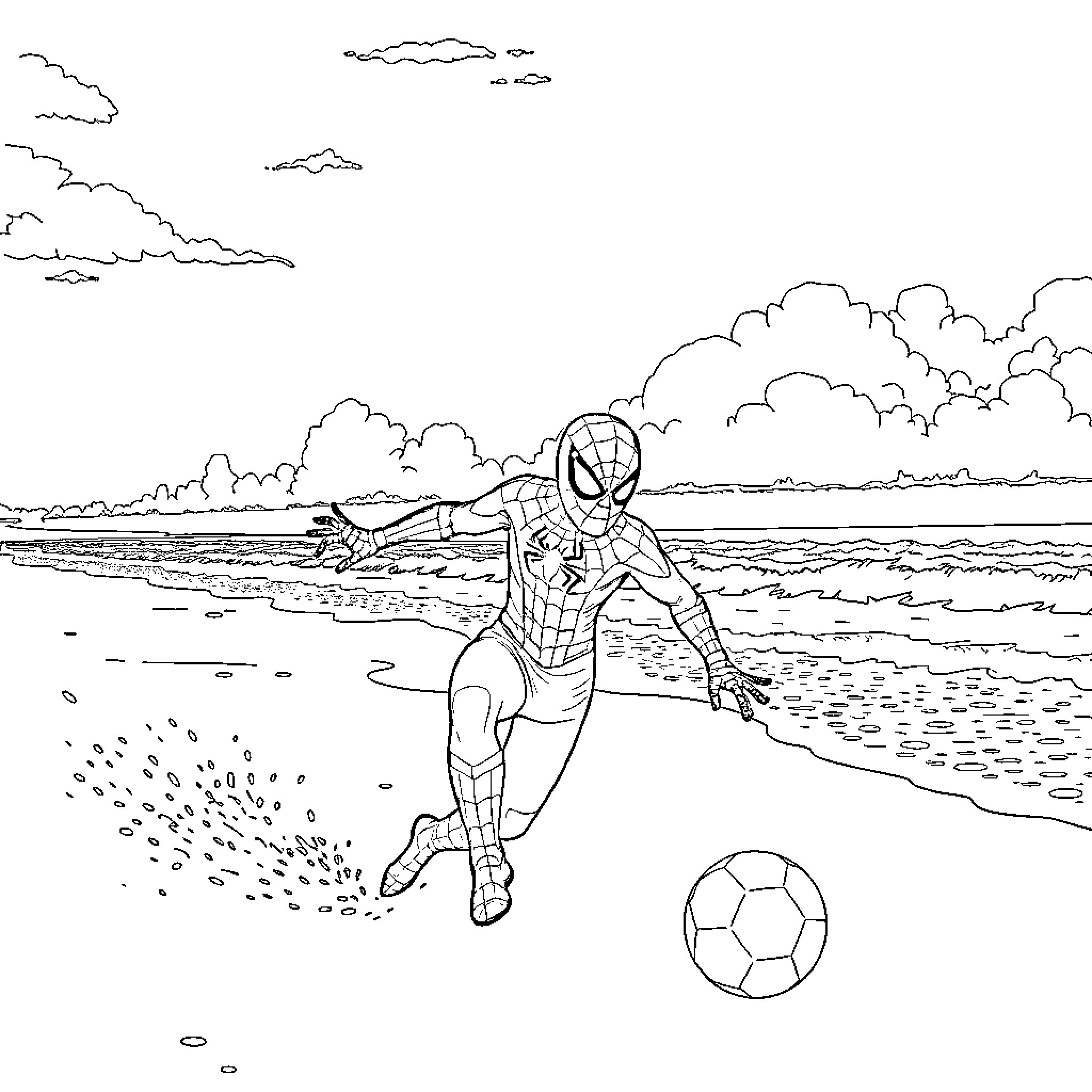 Spiderman playing soccer on the beach Coloring Page (free black-and-white line drawing printable PDF for all, from beginners to advanced learners, including children, teens, adults, and seniors)