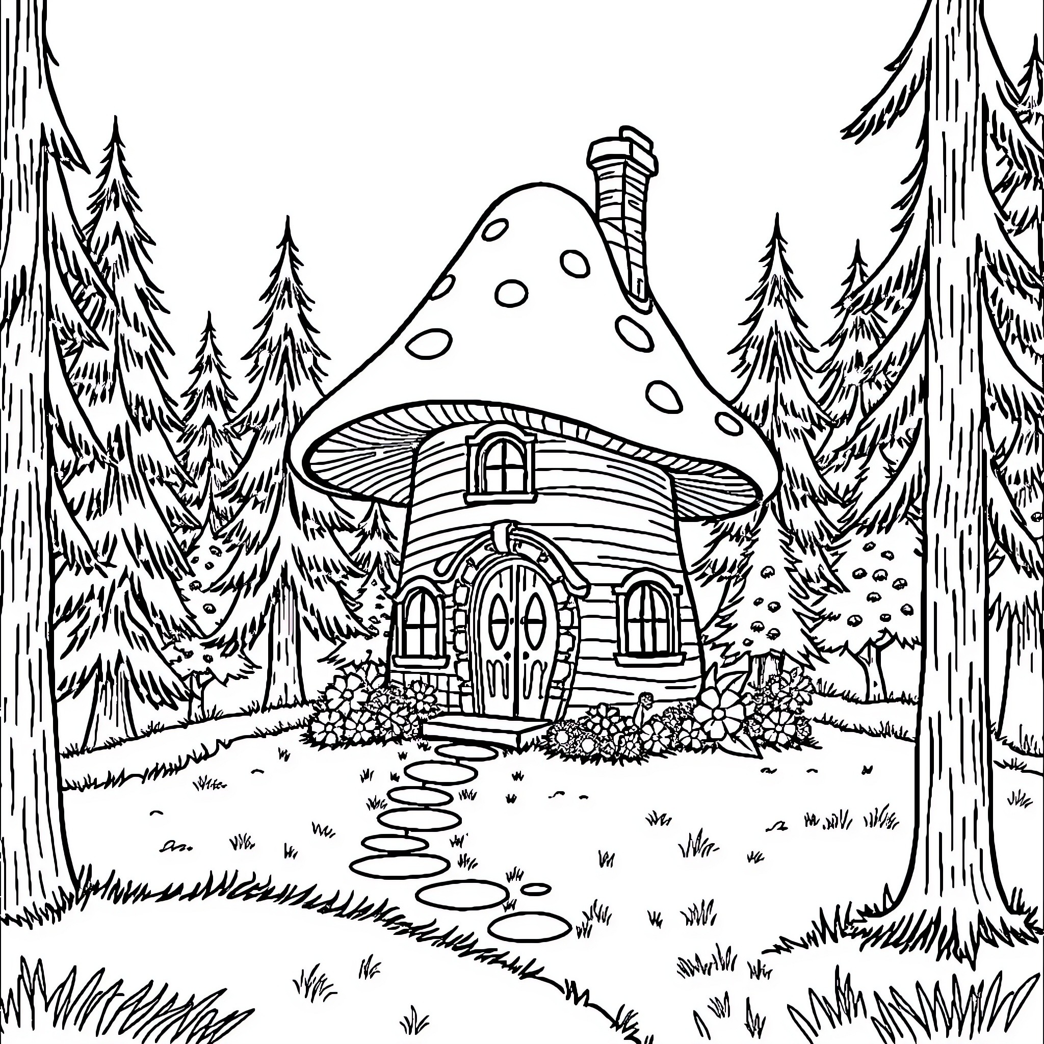 Mushroom cottage in enchanted forest Coloring Page (free black-and-white line drawing printable PDF for all, from beginners to advanced learners, including children, teens, adults, and seniors)