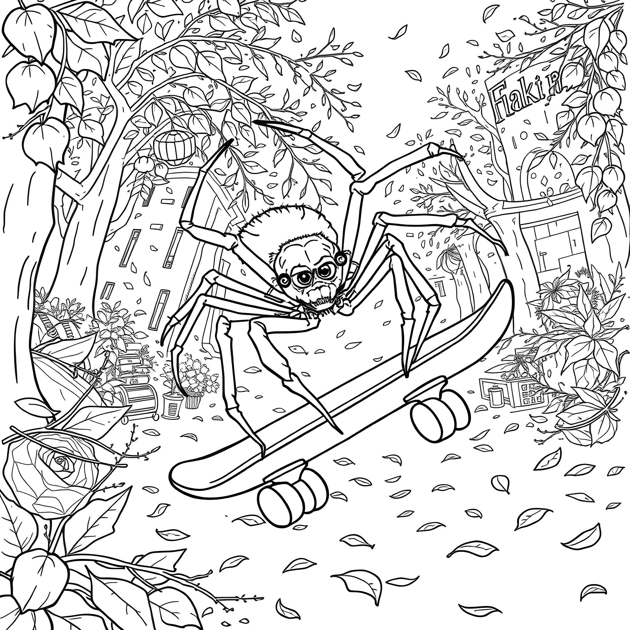 Spider riding a snowboard in a forest Coloring Page (free black-and-white line drawing printable PDF for all, from beginners to advanced learners, including children, teens, adults, and seniors)