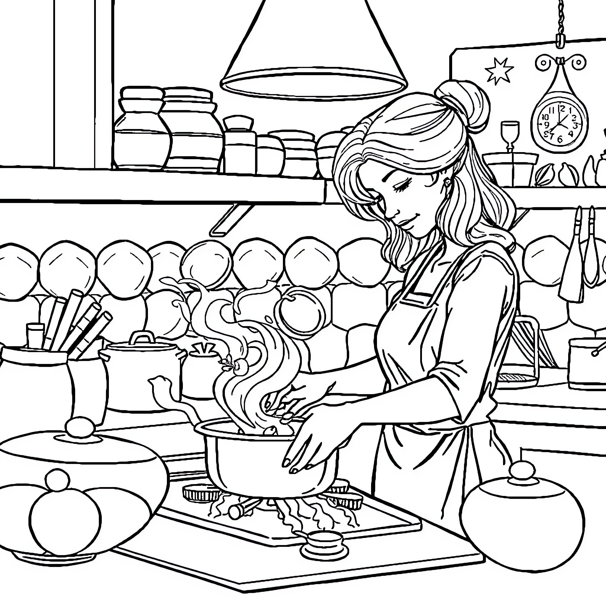 Woman cooking a meal in a kitchen Coloring Page (free black-and-white line drawing printable PDF for all, from beginners to advanced learners, including children, teens, adults, and seniors)