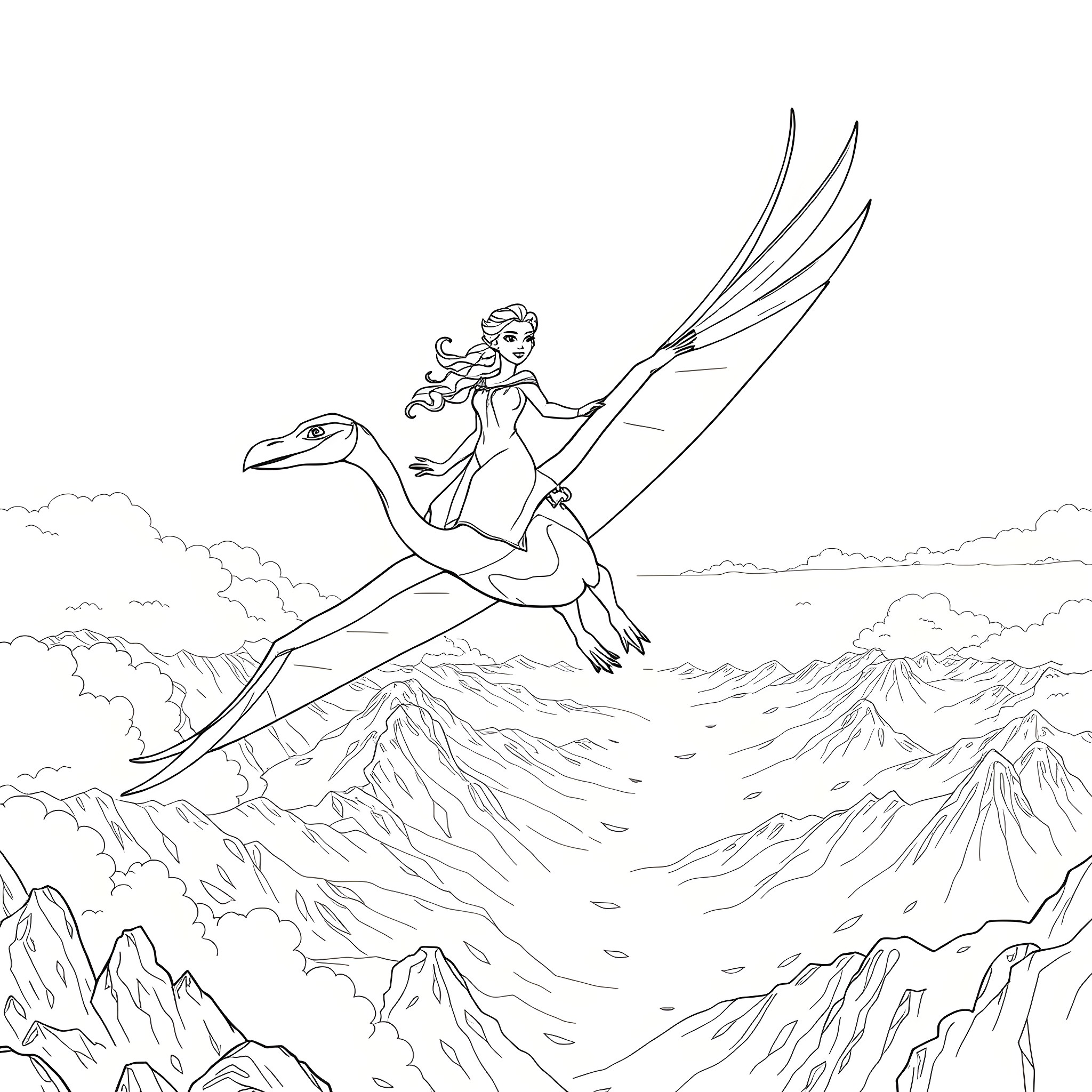 Elsa riding a dragon through the mountains Coloring Page (free black-and-white line drawing printable PDF for all, from beginners to advanced learners, including children, teens, adults, and seniors)