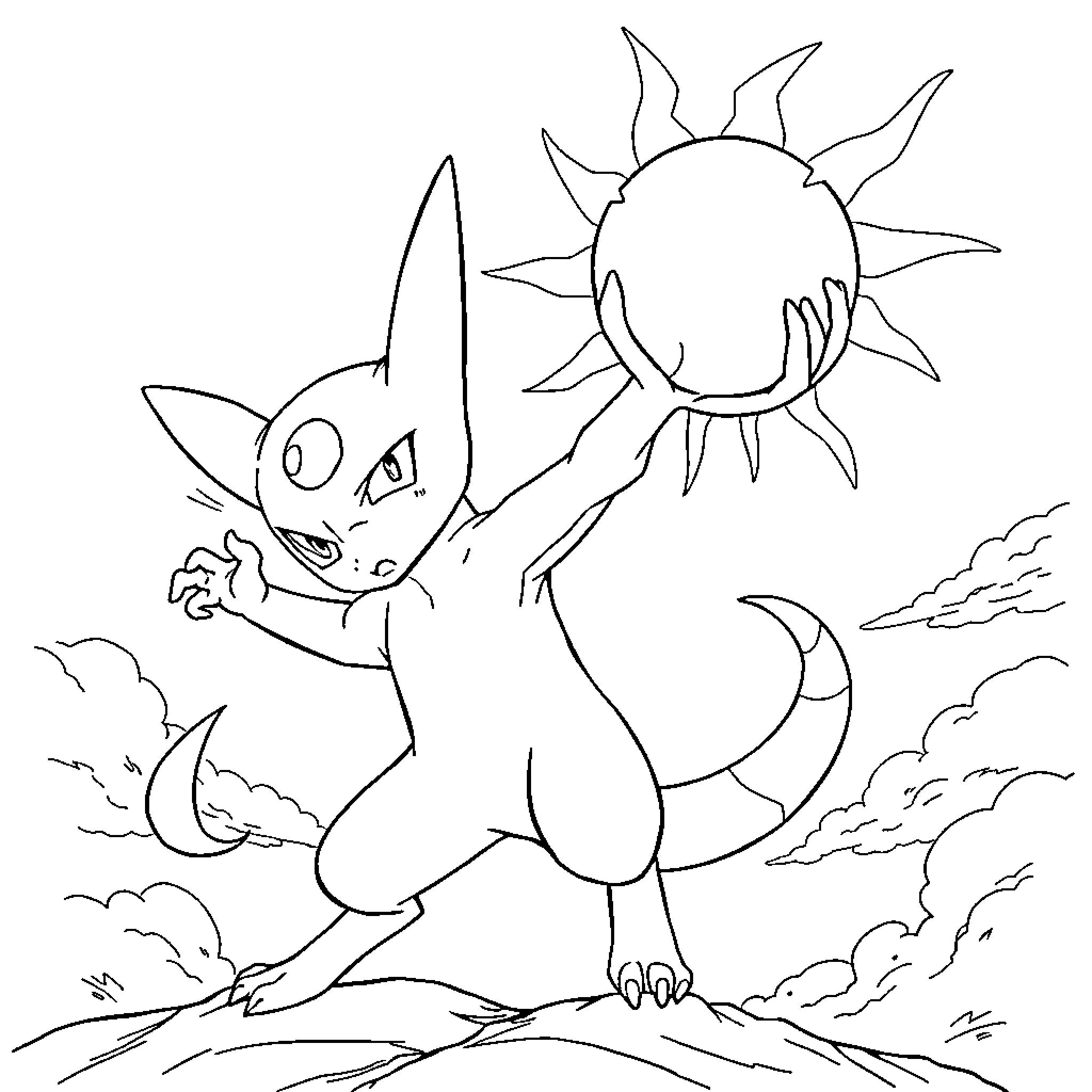 Mewtwo playing in the sunlight Coloring Page (free black-and-white line drawing printable PDF for all, from beginners to advanced learners, including children, teens, adults, and seniors)