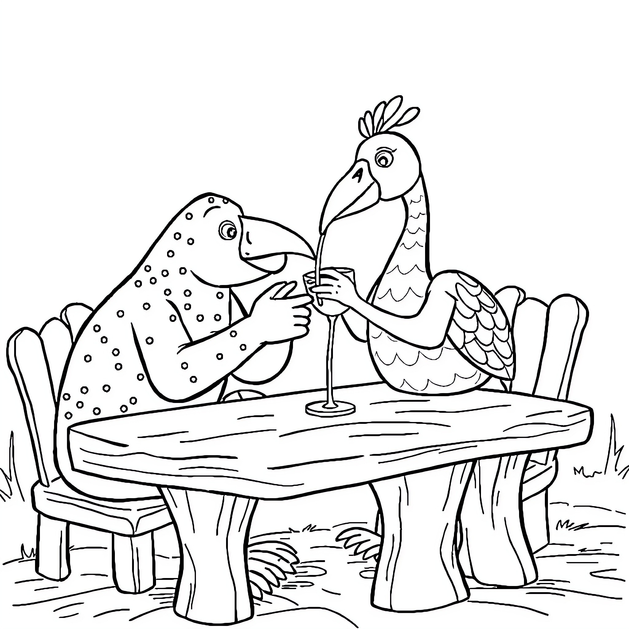 Jument having drinks with feathered friend on wooden table Coloring Page (free black-and-white line drawing printable PDF for all, from beginners to advanced learners, including children, teens, adults, and seniors)
