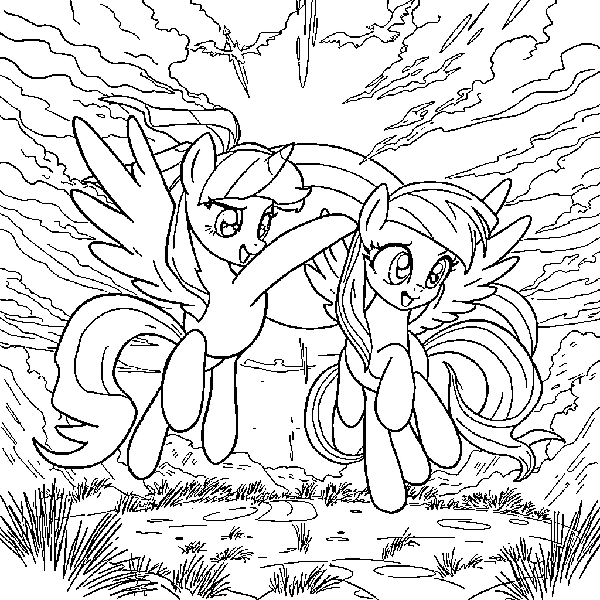 Twilight Sparkle and Rainbow Dash in an epic scene Coloring Page (free black-and-white line drawing printable PDF for all, from beginners to advanced learners, including children, teens, adults, and seniors)