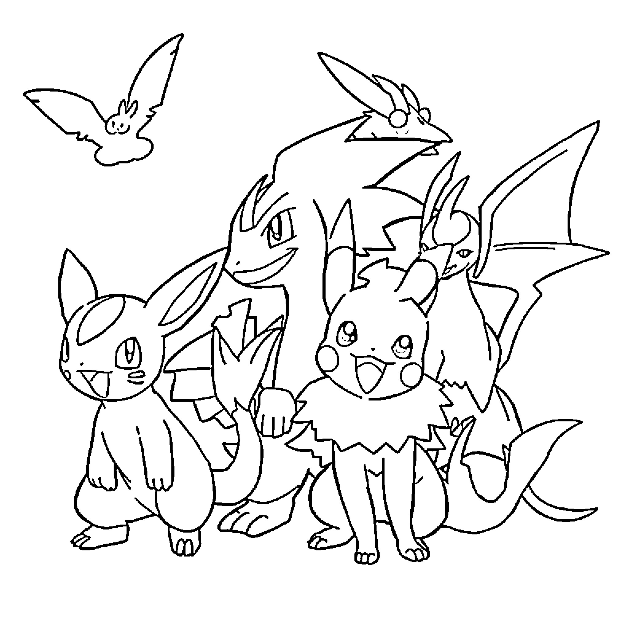Pokémon characters in playful poses Coloring Page (free black-and-white line drawing printable PDF for all, from beginners to advanced learners, including children, teens, adults, and seniors)