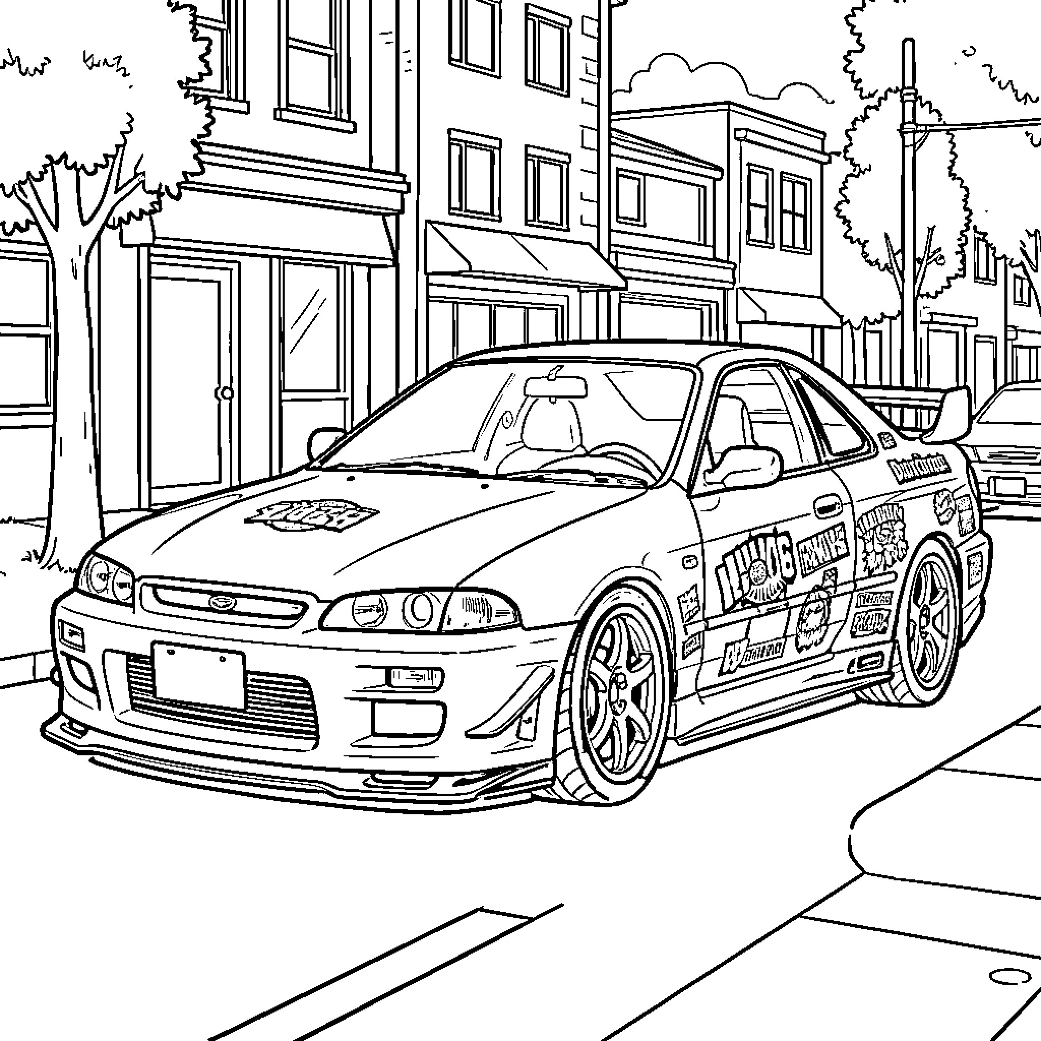 JDM Car on the Street with Cityscape Coloring Page (free black-and-white line drawing printable PDF for all, from beginners to advanced learners, including children, teens, adults, and seniors)