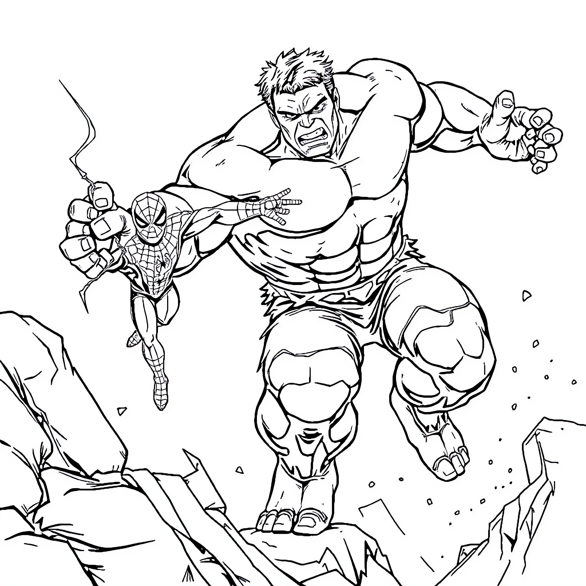Hulk Spiderman battle in rocky terrain Coloring Page (free black-and-white line drawing printable PDF for all, from beginners to advanced learners, including children, teens, adults, and seniors)