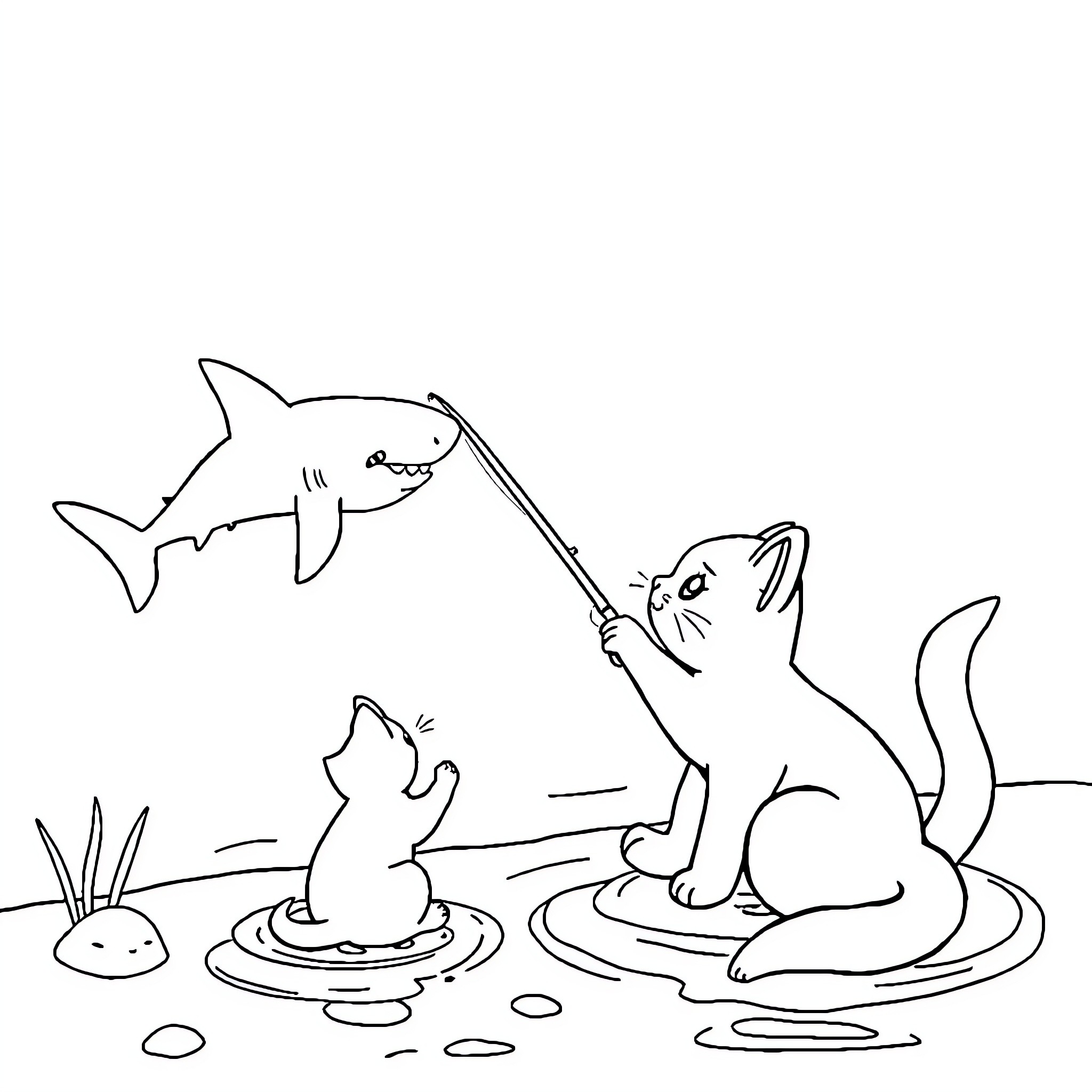 Cats playing with toy shark in water Coloring Page (free black-and-white line drawing printable PDF for all, from beginners to advanced learners, including children, teens, adults, and seniors)