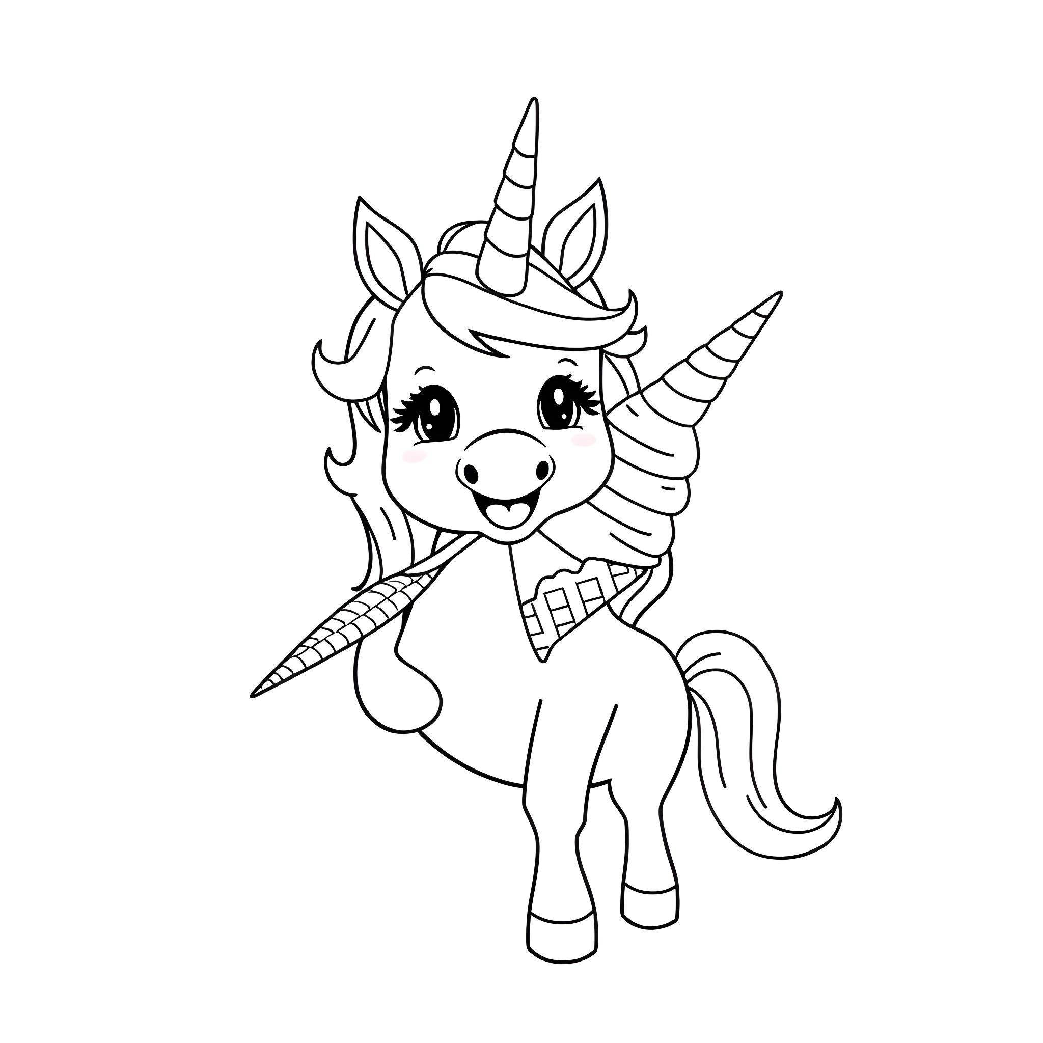 Unicorn with Horn and Accessories Coloring Page (free black-and-white line drawing printable PDF for all, from beginners to advanced learners, including children, teens, adults, and seniors)