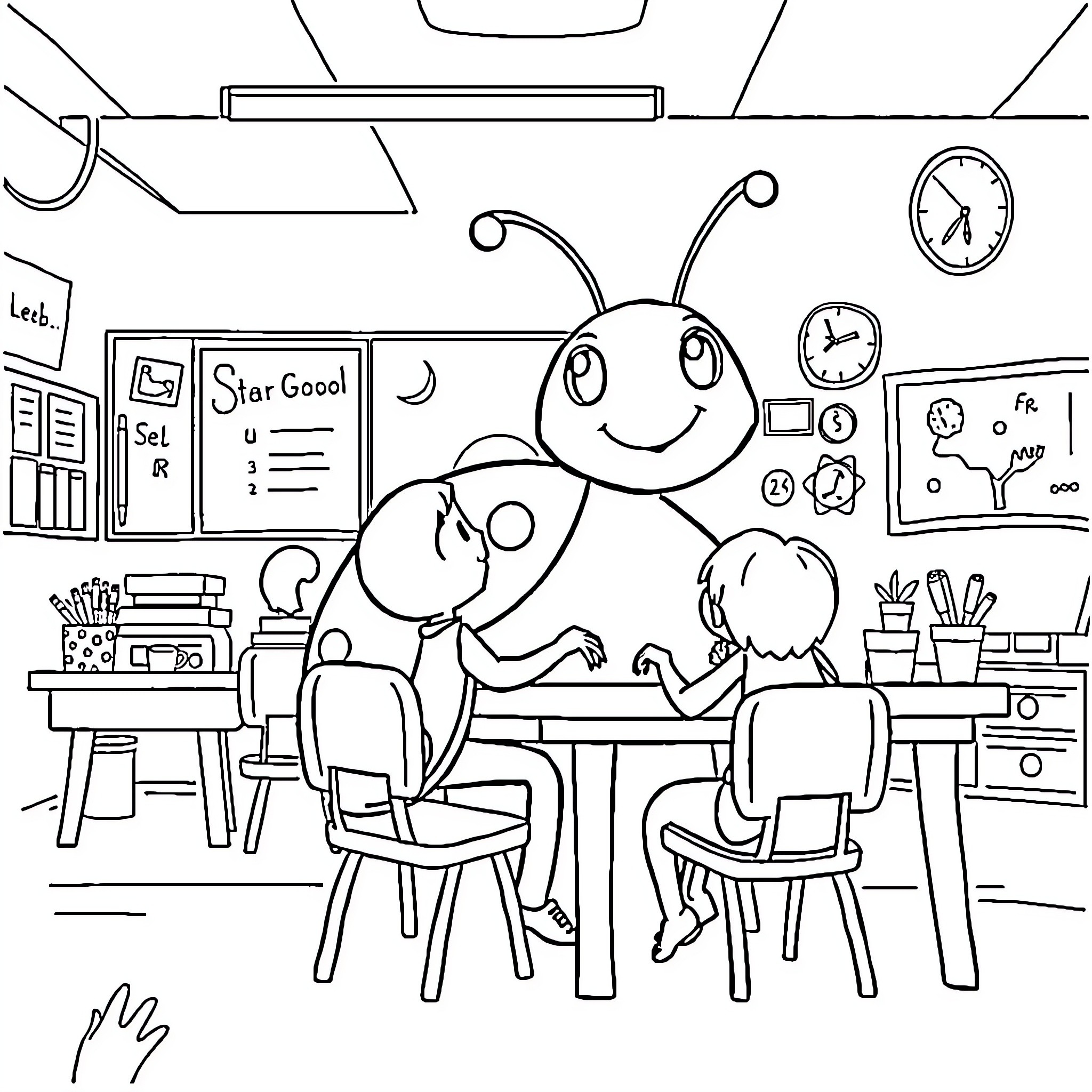 Ladybug enjoying learning in the classroom Coloring Page (free black-and-white line drawing printable PDF for all, from beginners to advanced learners, including children, teens, adults, and seniors)