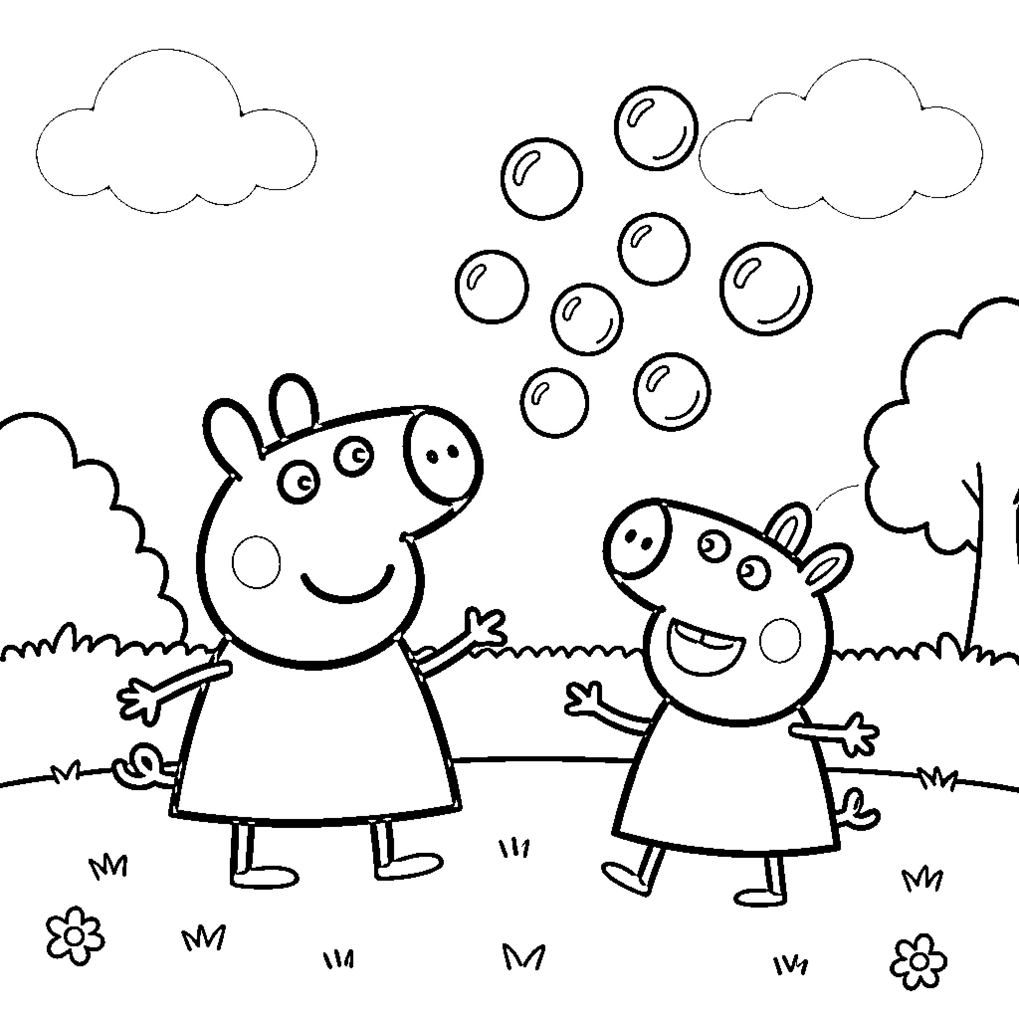 Peppa Pig and friends playing with bubbles outdoors Coloring Page (free black-and-white line drawing printable PDF for all, from beginners to advanced learners, including children, teens, adults, and seniors)