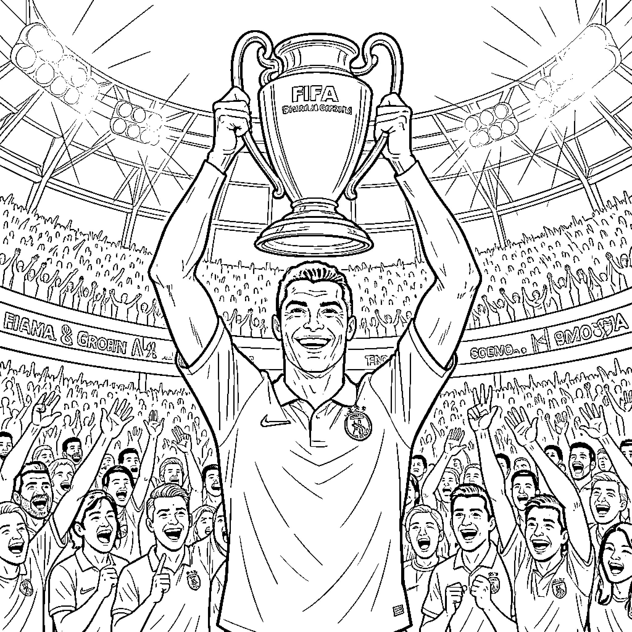 Ronaldo celebrating joyfully while holding a trophy aloft Coloring Page (free black-and-white line drawing printable PDF for all, from beginners to advanced learners, including children, teens, adults, and seniors)
