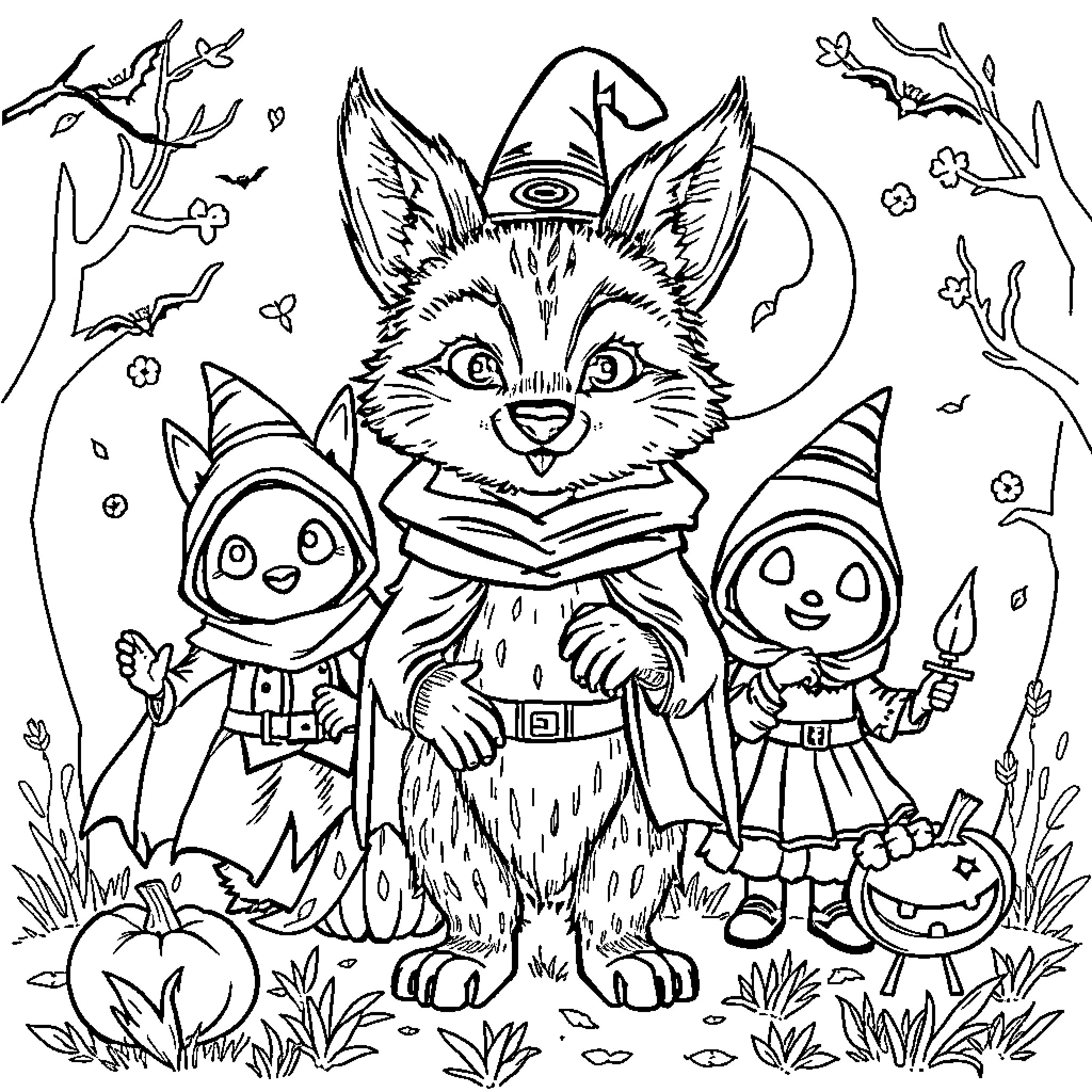 Loup's Halloween Adventure with Festive Companions Coloring Page (free black-and-white line drawing printable PDF for all, from beginners to advanced learners, including children, teens, adults, and seniors)