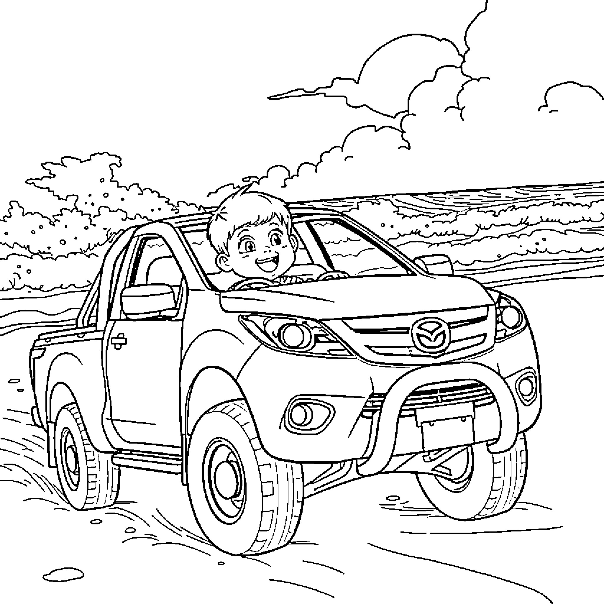 Mazda truck adventure in the countryside Coloring Page (free black-and-white line drawing printable PDF for all, from beginners to advanced learners, including children, teens, adults, and seniors)