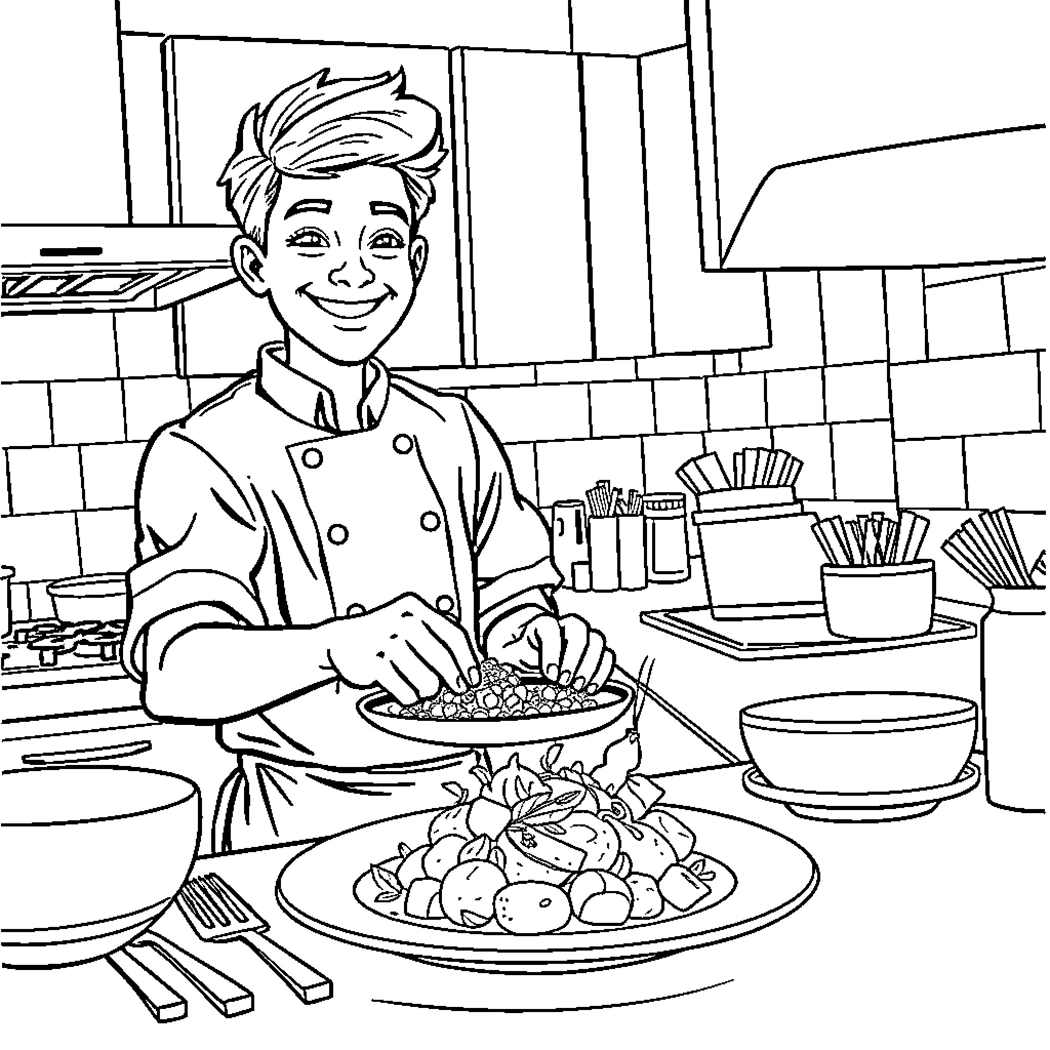 Student chef preparing a delicious meal in the kitchen Coloring Page (free black-and-white line drawing printable PDF for all, from beginners to advanced learners, including children, teens, adults, and seniors)