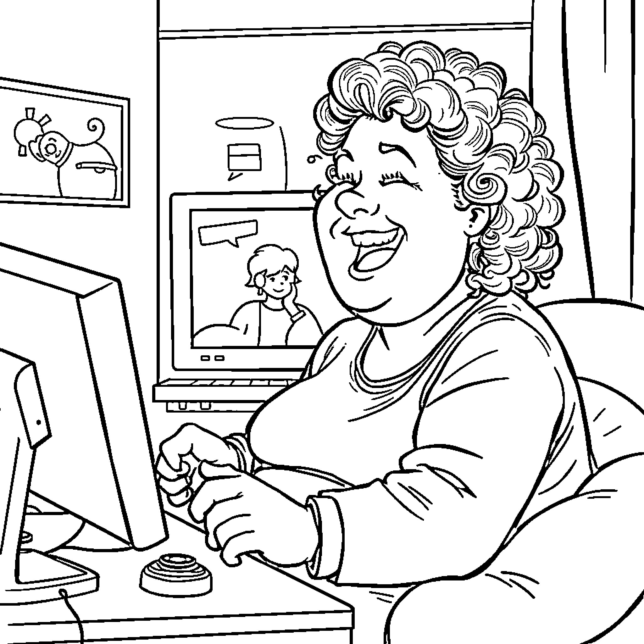 ChatGPT Assisting Smiling Woman with Computer Coloring Page (free black-and-white line drawing printable PDF for all, from beginners to advanced learners, including children, teens, adults, and seniors)