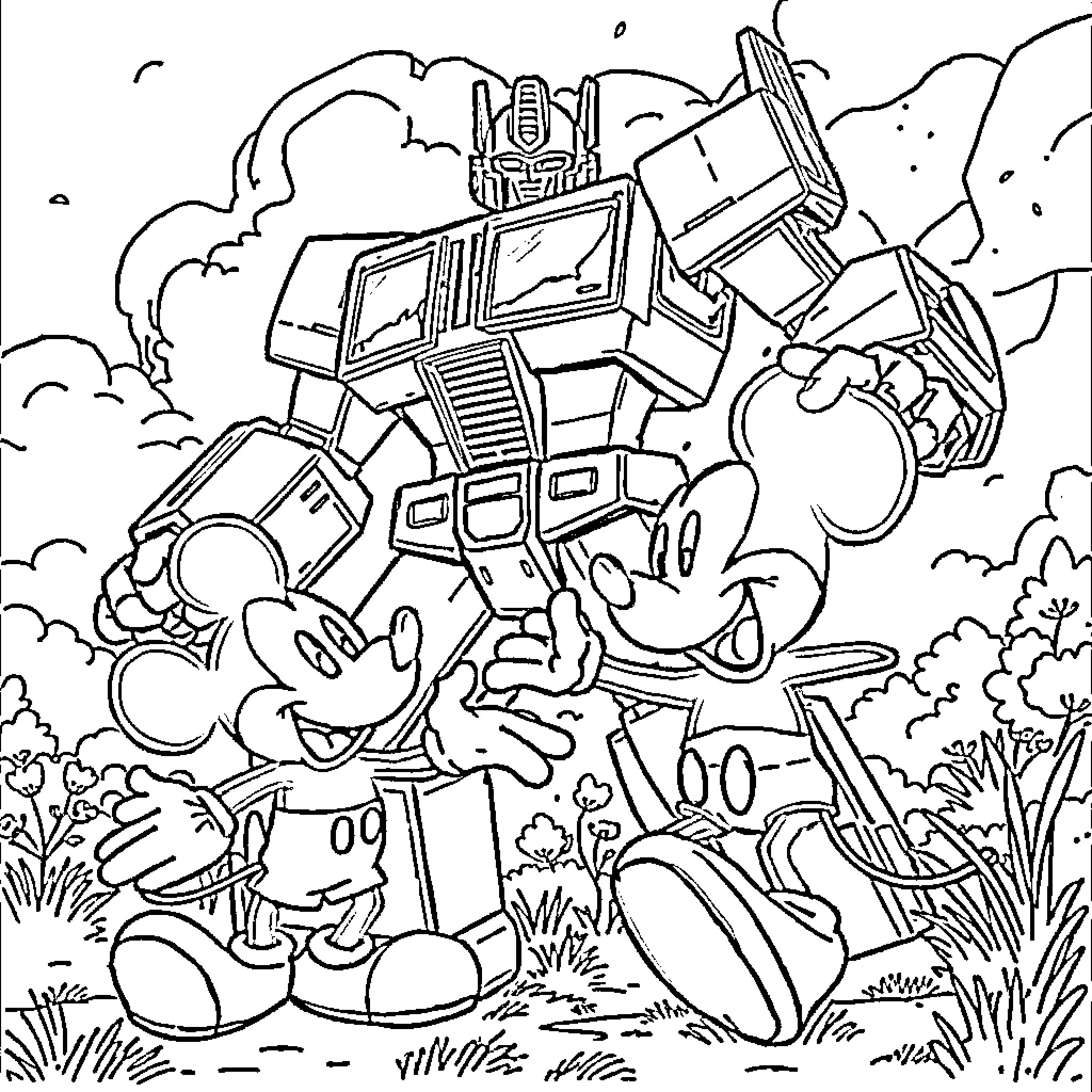 Optimus Prime and Mickey Mouse in an epic outdoor adventure Coloring Page (free black-and-white line drawing printable PDF for all, from beginners to advanced learners, including children, teens, adults, and seniors)