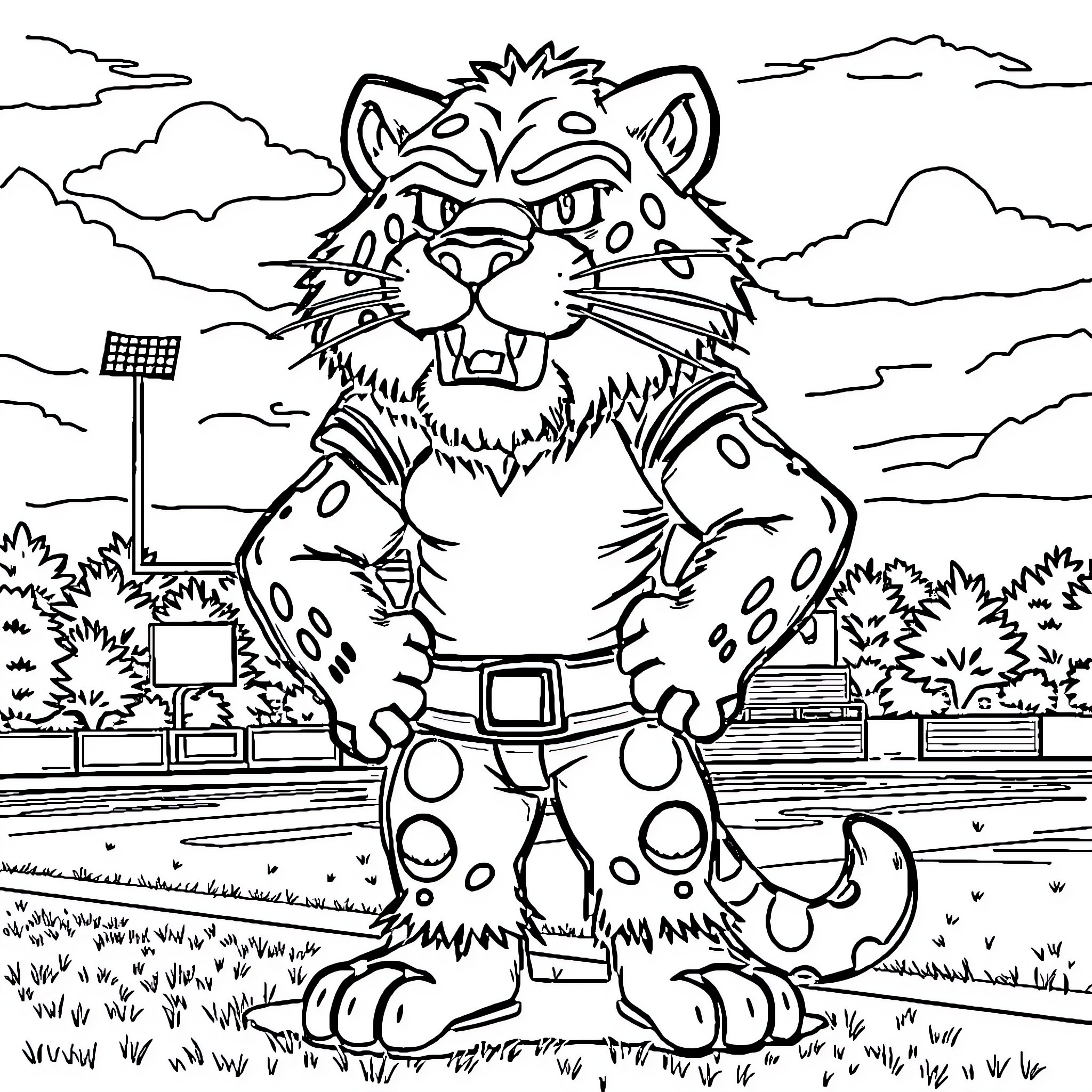 Panther Mascot Cheering on the Field Coloring Page (free black-and-white line drawing printable PDF for all, from beginners to advanced learners, including children, teens, adults, and seniors)