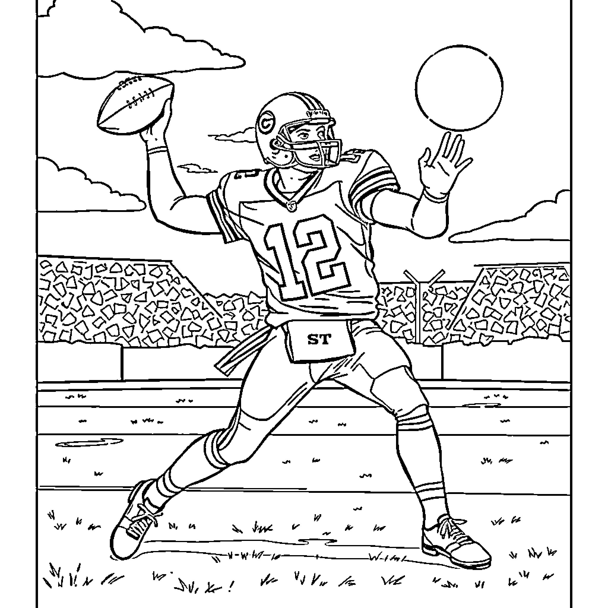 Geno Smith playing football in the stadium Coloring Page (free black-and-white line drawing printable PDF for all, from beginners to advanced learners, including children, teens, adults, and seniors)