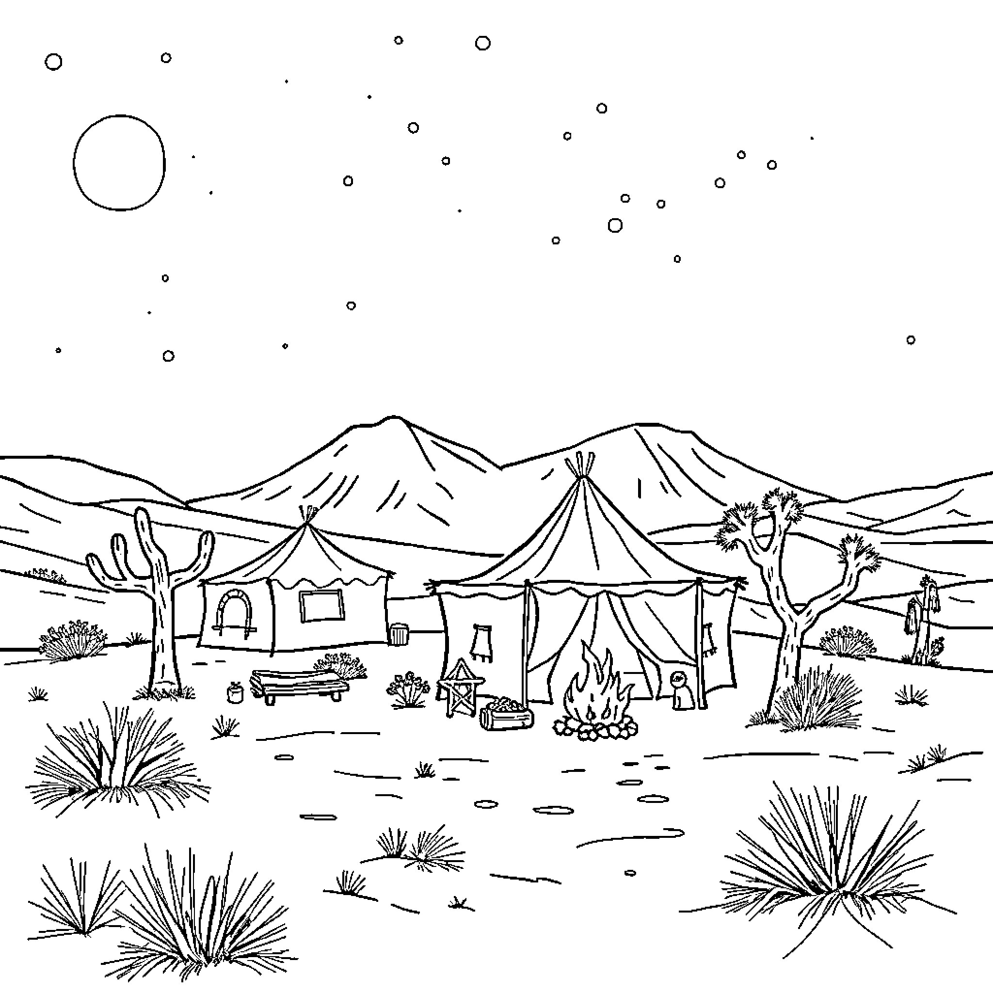 Camping under the starry night sky Coloring Page (free black-and-white line drawing printable PDF for all, from beginners to advanced learners, including children, teens, adults, and seniors)