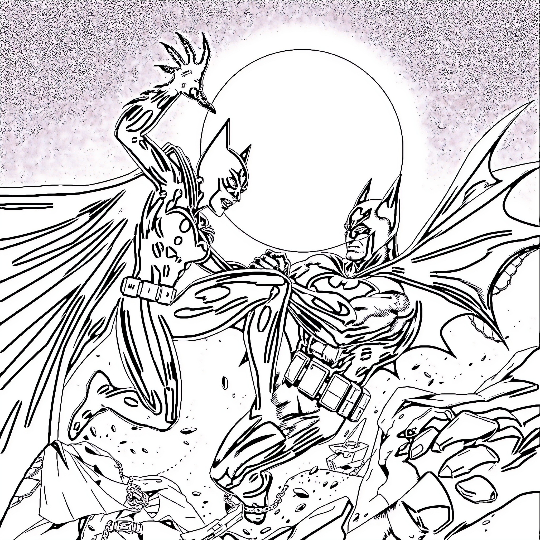 Catwoman battles Batman in the night Coloring Page (free black-and-white line drawing printable PDF for all, from beginners to advanced learners, including children, teens, adults, and seniors)
