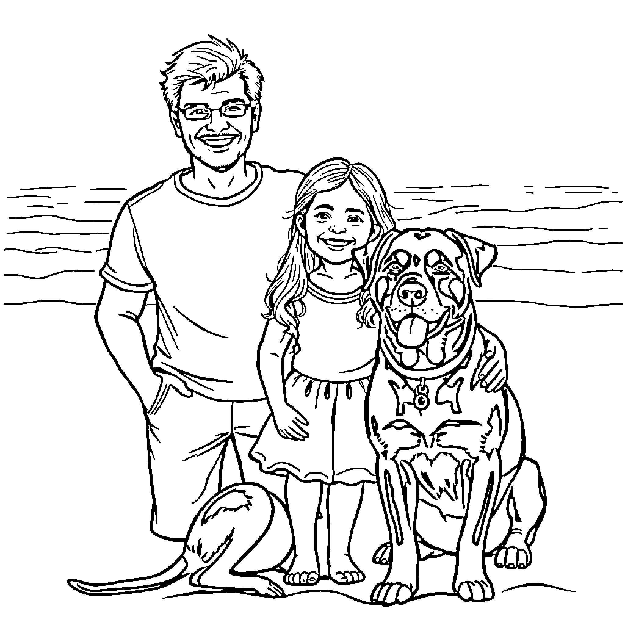 Family Enjoying Time at the Beach Coloring Page (free black-and-white line drawing printable PDF for all, from beginners to advanced learners, including children, teens, adults, and seniors)